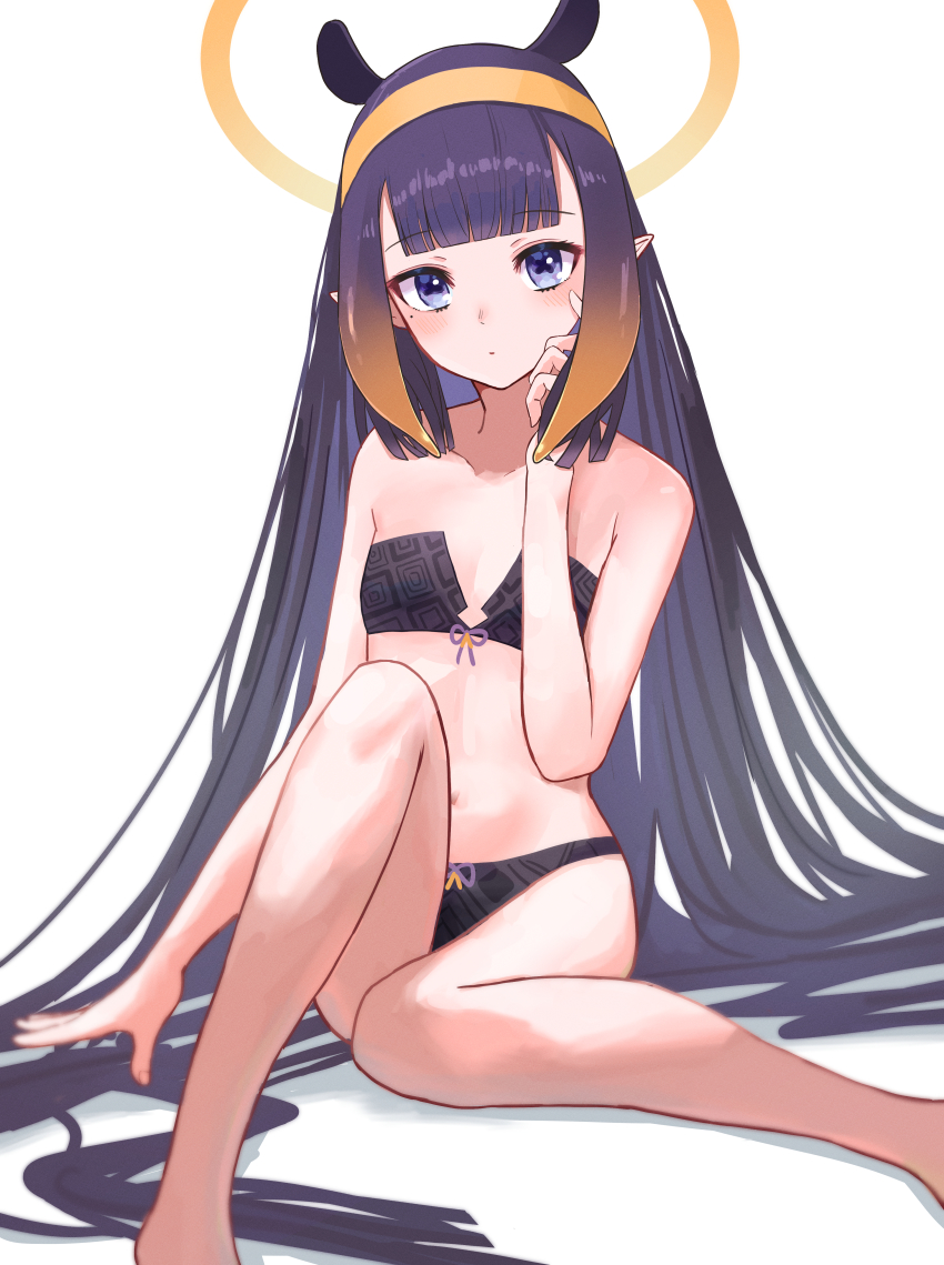 1girls, artist request, belly button, black bra, black panties, blush, blushing at viewer, bra, breasts, collarbone, eyebrows visible through hair, female, female focus, female only, flat chest, flat chested, halo, headband, highres, hololive, hololive english, hololive myth, legs, legs crossed, light skin, light-skinned female, long hair, long legs, looking at viewer, mole, mole under eye, multicolored hair, ninomae ina'nis, orange hair, pale skin, pale-skinned female, panties, pointy ears, purple hair, sitting, skinny, small breasts, underwear, very high resolution, very long hair, virtual youtuber, white background