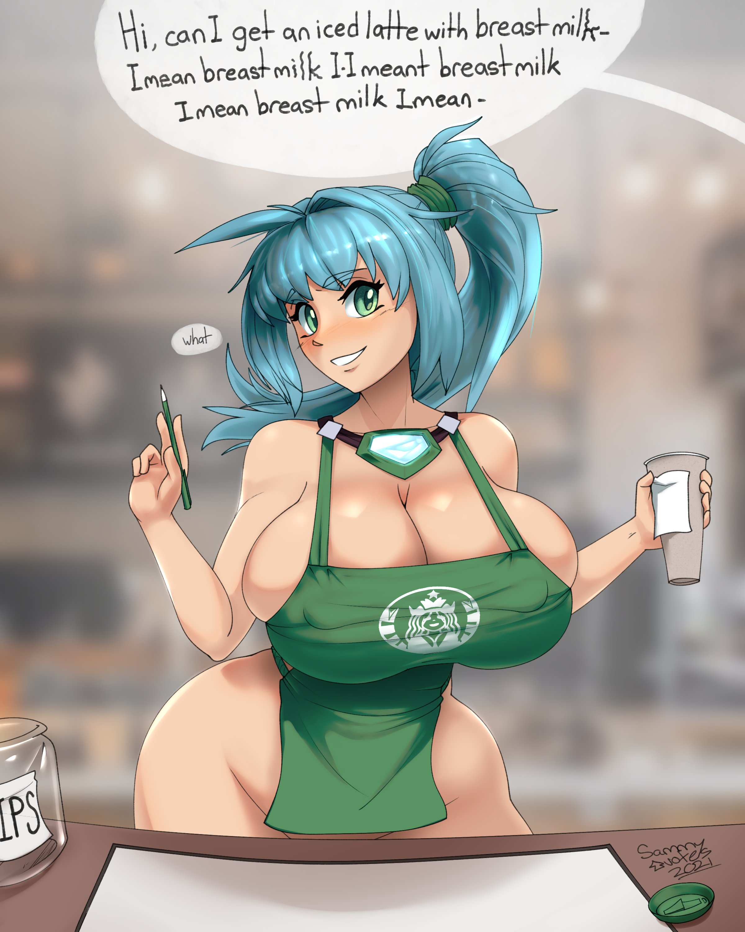 1girls, apron, blue hair, breasts, cleavage, dialogue, english text, female, female focus, huge breasts, iced latte with breast milk, light skin, light-skinned female, meme, naked apron, original character, ponytail, sammyupvote, speech bubble, text, thick thighs, voluptuous, wide hips