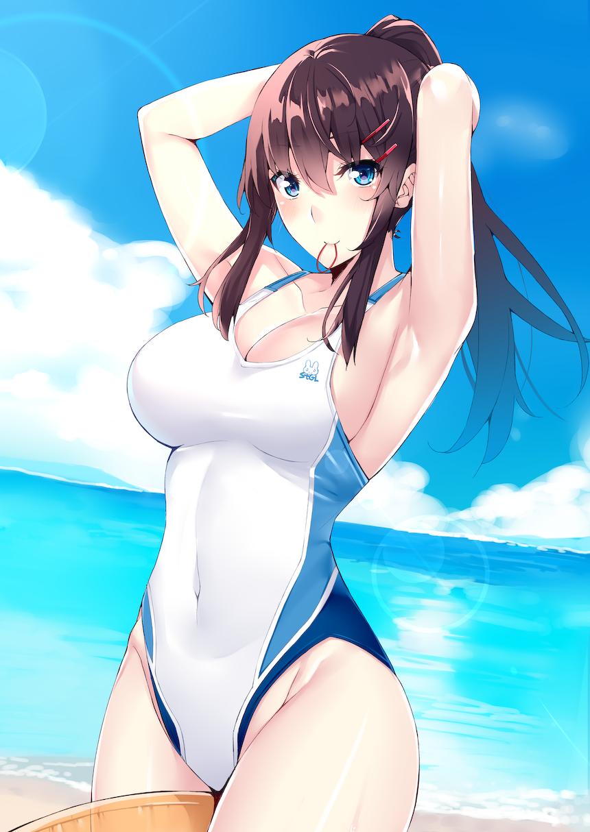 arms_up beach between_legs blue_eyes blue_sky breasts brown_hair clavicle cleavage cloud competition_swimsuit cowboy_shot day duplicate female female high_resolution holding holding_hair horizon innertube kaerunoashi large_breasts lens_flare long_hair looking_at_viewer mouth_hold ocean one-piece_swimsuit original outdoors ponytail rubber_band sky solo swimsuit tank_suit tied_hair tying_hair white_swimsuit