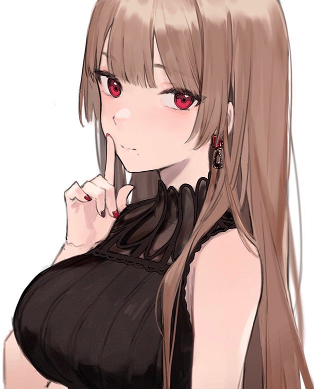 aiko_(kanl) alternative_costume azur_lane bangs bare_arms blunt_bangs blurry blush breasts brown_hair brown_shirt closed_mouth depth_of_field earrings eyebrows_visible_through_hair female finger_to_mouth fingernails hand_up in_profile index_finger_raised jewelry large_breasts light_smile long_hair looking_at_viewer looking_to_the_side mole mole_under_mouth nail_polish red_eyes red_nails ribbed_shirt ruby_(gemstone) see-through_shirt shirt shushing simple_background sleeveless solo straight_hair swiftsure_(azur_lane) upper_body white_background