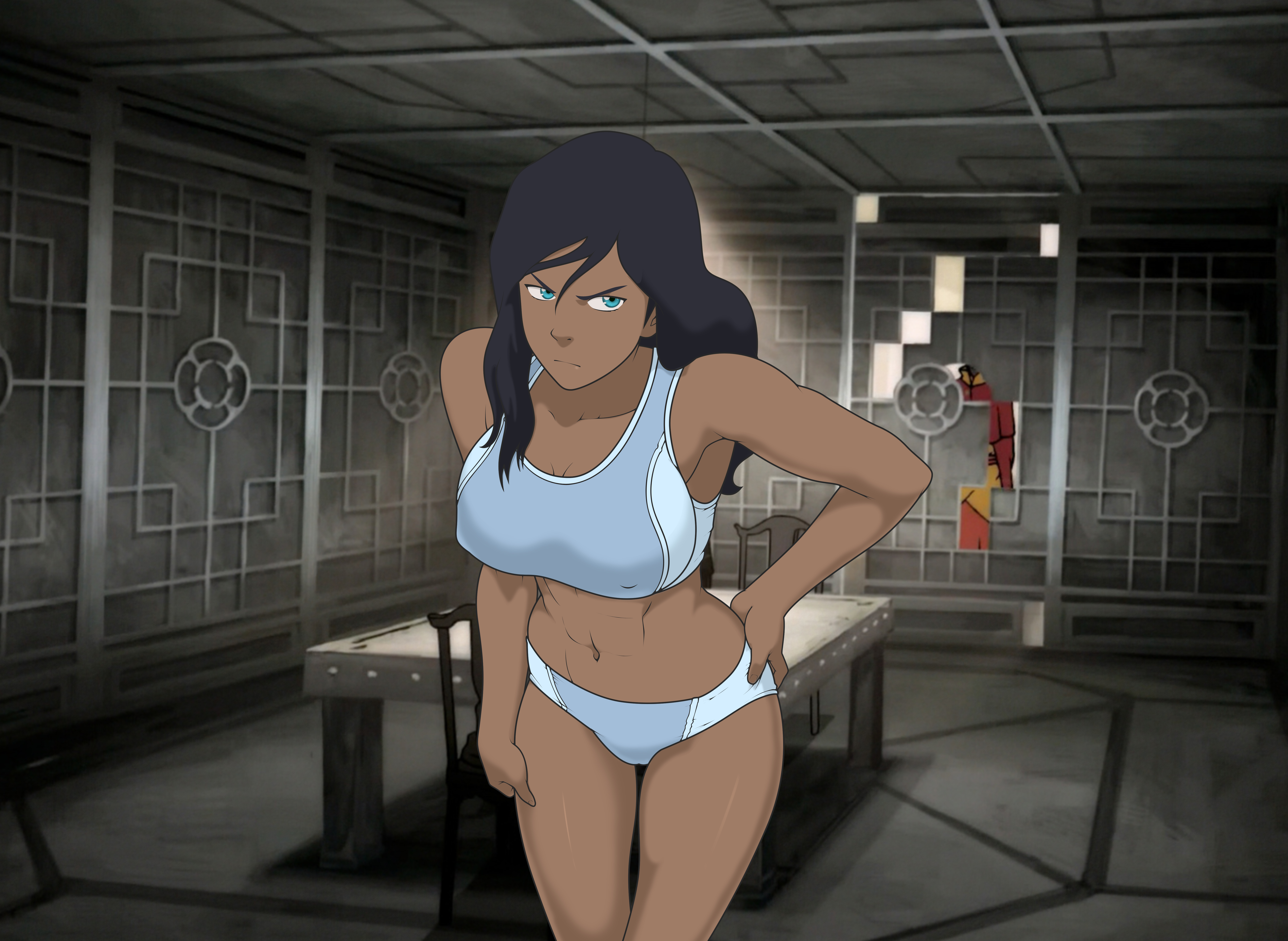 1girls, anaxus, angry, avatar legends, bra, breasts, dark skin, dark-skinned female, female, female only, fit, fit female, frown, frowning, glare, glaring, korra, large breasts, looking at viewer, nickelodeon, panties, solo, solo female, sports bra, sportswear, the avatar, the legend of korra, thighs, underwear, water tribe