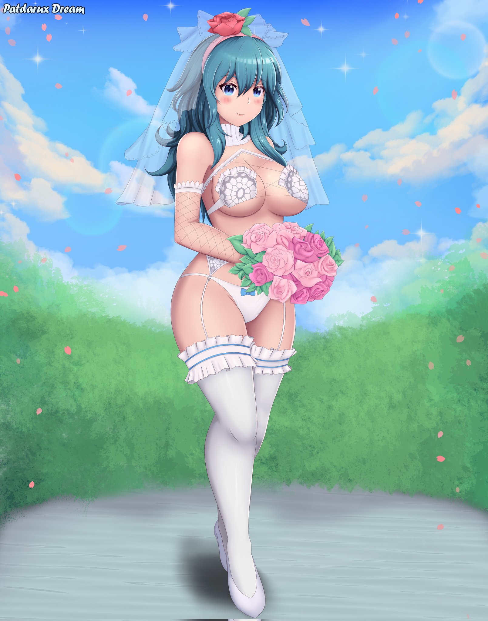 1girls, alternate costume, blue eyes, blush, bouquet, bra, breasts, bridal veil, bride, byleth (fire emblem), byleth (fire emblem) (female), female, fire emblem, fire emblem: three houses, flower, garter belt, large breasts, long hair, nintendo, panties, patdarux, see-through, sideboob, smile, solo, teal hair, thighhighs, underboob, veil, wedding dress, white panties