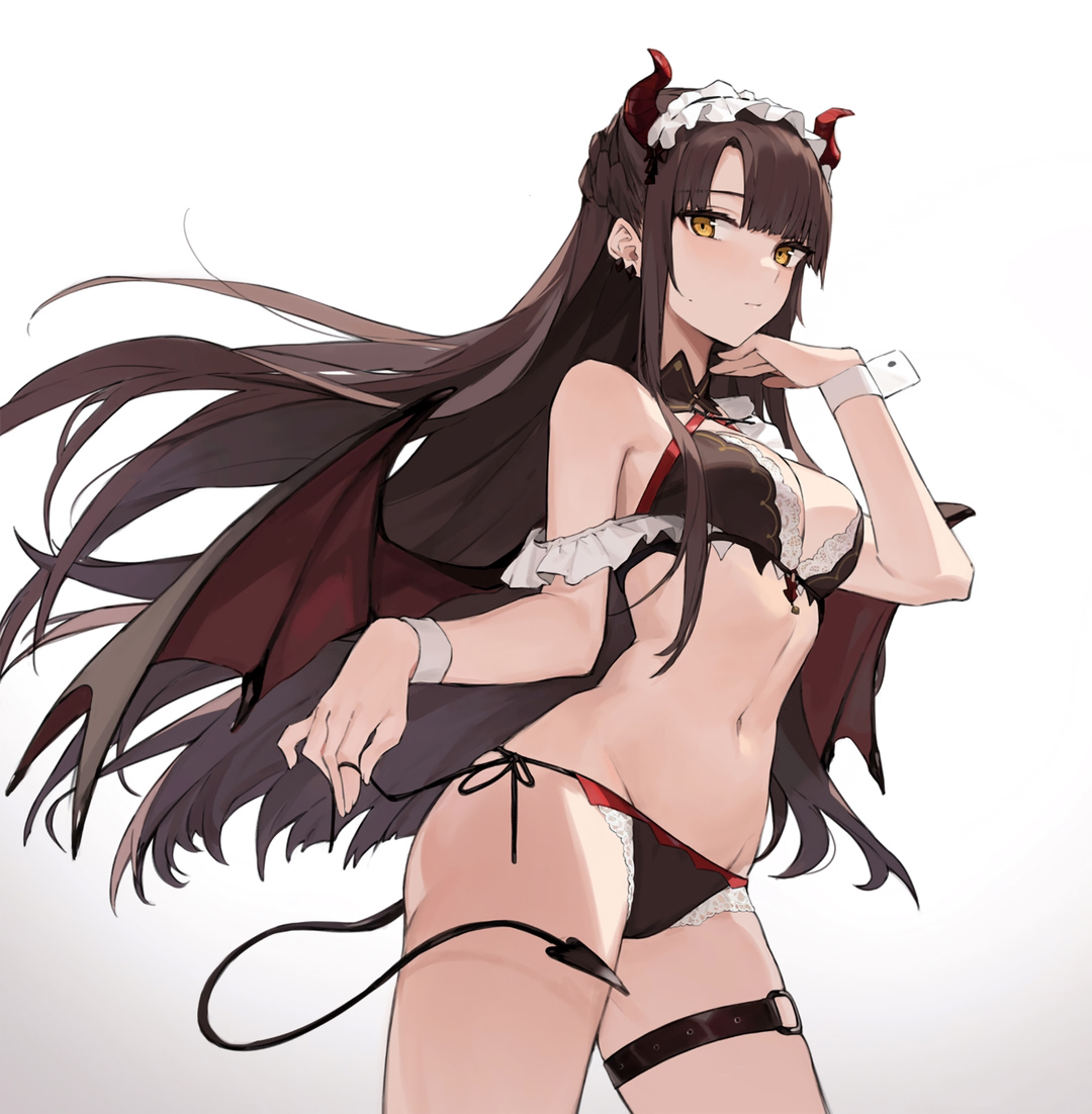aiko (kanl), bare shoulders, black bra, black panties, black underwear, bra, breasts, brown hair, cameltoe, cleavage, clothing, cowboy shot, demon, demon girl, demon horns, demon tail, demon wings, earrings, female, floating hair, groin, hand up, headdress, headwear, horns, jewelry, leg belt, long hair, looking at viewer, medium breasts, mole, navel, off shoulder, orange eyes, original, pantsu, pussy, side-tie panties, simple background, solo, standing, stomach, succubus, tail, taya (aiko), thighs, underwear, very long hair, white background, wings, wrist cuffs