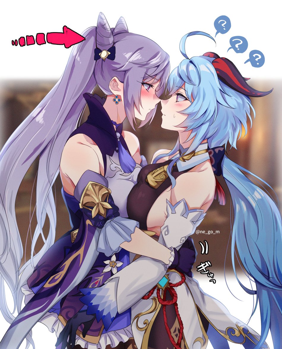 2girls, ahoge, assertive, assertive female, bare shoulders, black gloves, blue hair, bodysuit, breast press, breasts, chinese clothes, closed mouth, detached sleeves, double bun, earrings, female, from side, ganyu (genshin impact), genshin impact, gloves, goat horns, hair ornament, happy female, holding another, horns, jewelry, keqing (genshin impact), large breasts, lesbian, lesbian focus, lesbians, long hair, long sleeves, looking at viewer, multiple females, multiple girls, negom, purple eyes, purple gloves, purple hair, yuri