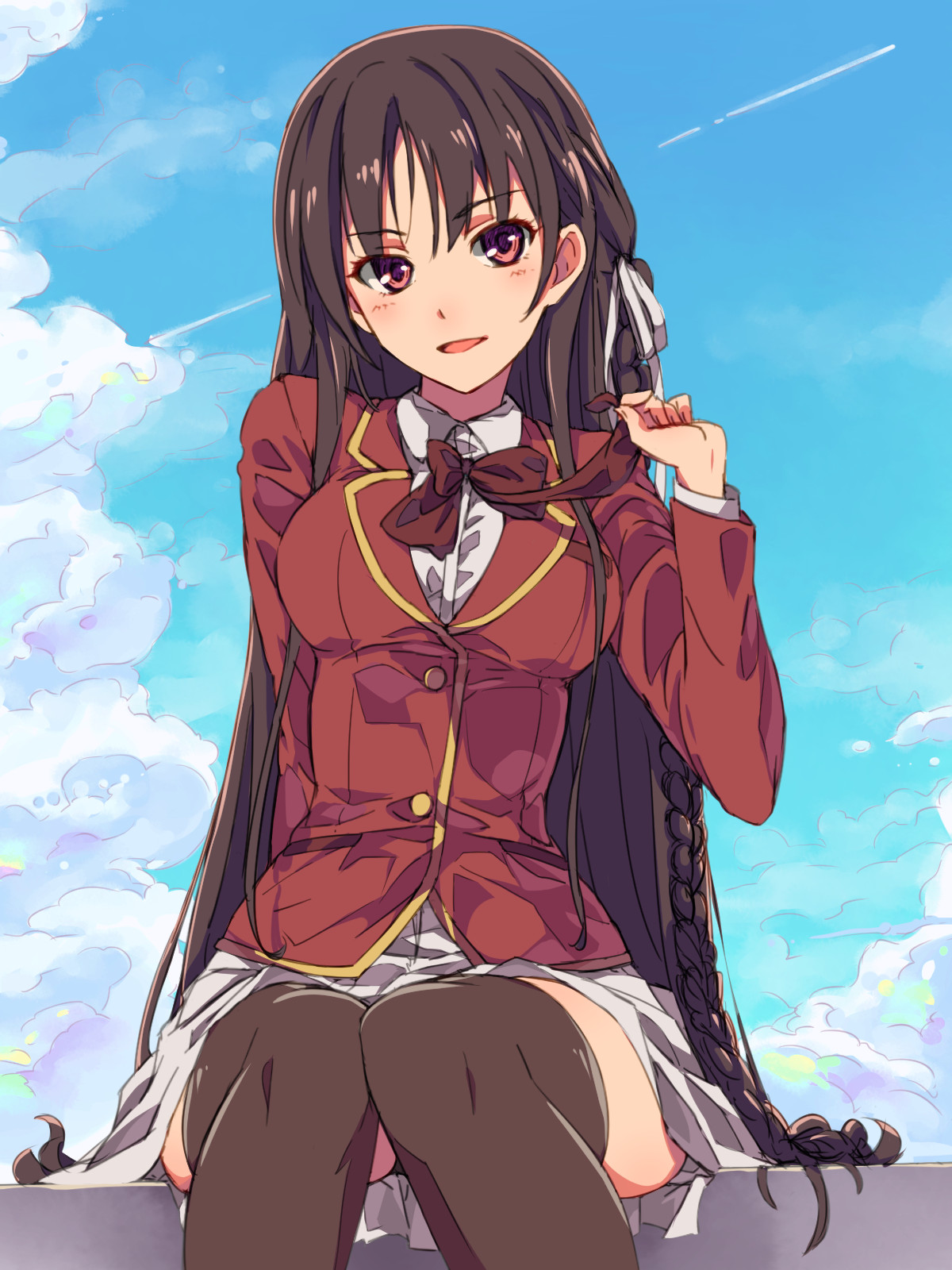 black hair, black legwear, blazer, blush, bow, braid, chiharu (chiharunpo), classroom of the elite, cloud, day, female, hair ornament, hair ribbon, high resolution, horikita suzune, jacket, long hair, looking at viewer, necktie, open mouth, outdoors, pleated skirt, red eyes, ribbon, school uniform, sitting, skirt, sky, smile, solo, thighhighs, tied hair, very long hair, white skirt, youkoso jitsuryoku shijou shugi no kyoushitsu e