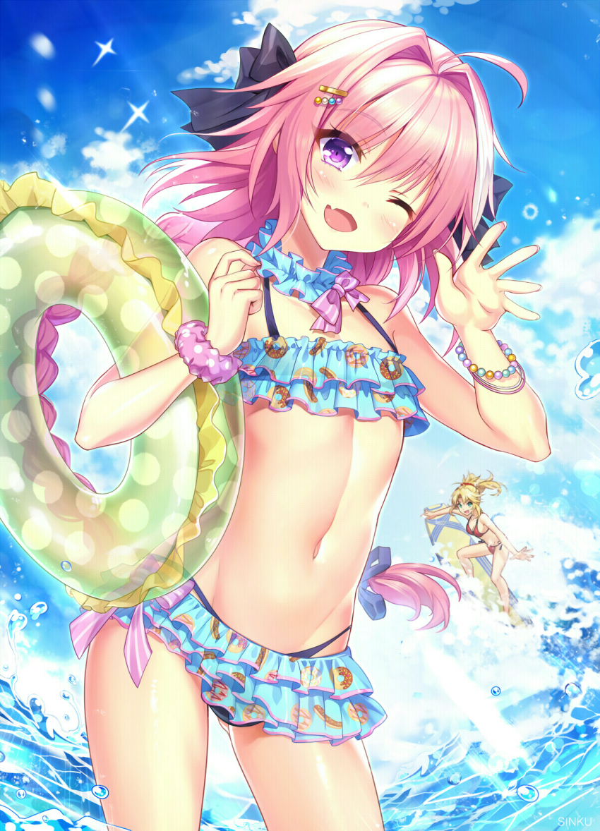 1boy, 1girls, astolfo (fate), beach, bikini, doughnut, fate (series), fate/grand order, female, femboy, frilled bikini, male, pink hair, purple eyes, scrunchie, trap, wrist scrunchie