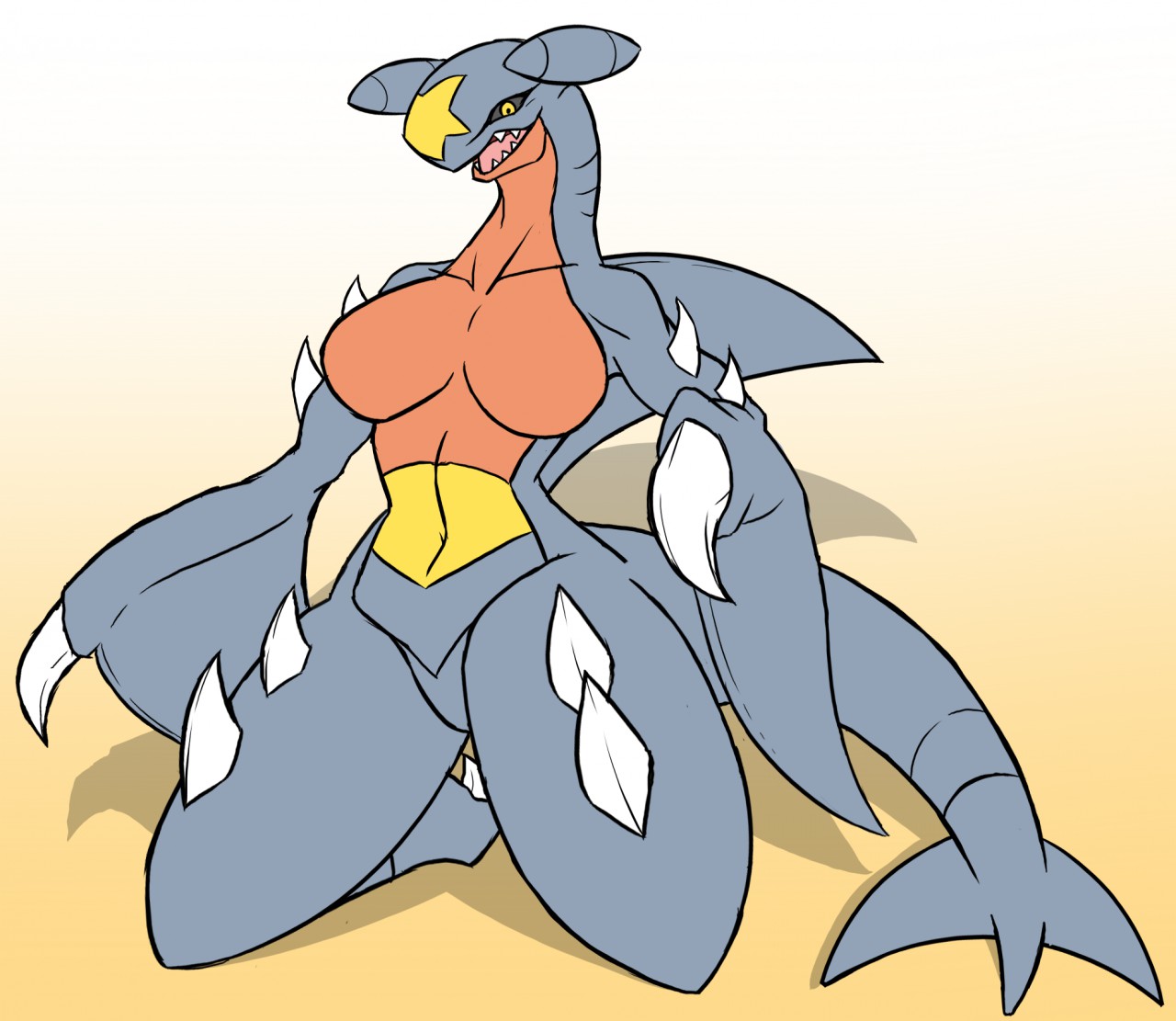 anthro, breasts, dragon, dragoness, female, female garchomp, female only, game freak, garchomp, grey body, hips, lizard, looking at viewer, nintendo, pokémon (species), pokemon, pokemon (species), pokemon dppt, rakkuguy, reptile, shark fin, shark tail, sharp teeth, simple background, smiling at viewer, tail, thick thighs, thighs, yellow eyes