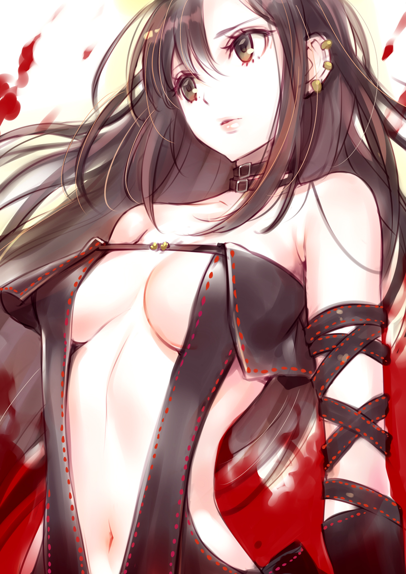 assassin bangs bare_shoulders black_dress black_hair blurry blurry_background breasts brown_eyes brown_hair choker clavicle depth_of_field dress ear_piercing erimo eyebrows_behind_hair fate/grand_order fate_(series) female female floating_hair hair_between_eyes jewelry long_hair looking_away medium_breasts navel nishimura_eri parted_lips piercing ribbon-trimmed_dress ribbon_trim solo strapless strapless_dress upper_body very_long_hair yu_mei-ren yu_miaoyi_(fate)