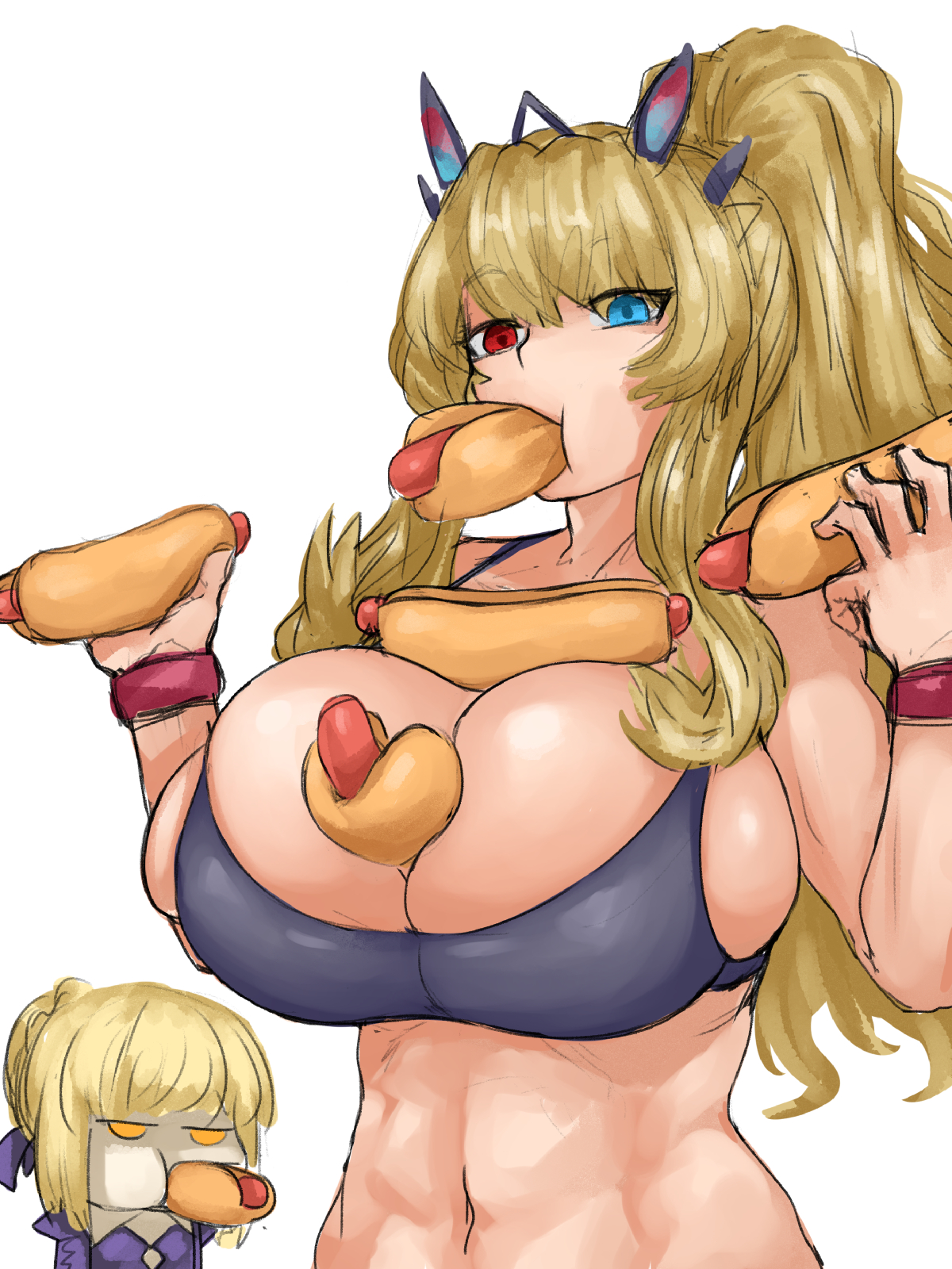 2girls, abs, artoria pendragon, artoria pendragon (alter), barghest (gawain) (fate), big breasts, breasts, busty, curvy, fate (series), fate/grand order, fate/stay night, female, food, food play, heterochromia, higher resolution duplicate, highres, hotdog, large breasts, massive breasts, multiple females, multiple girls, muscular, muscular female, sexually suggestive, sports bra, steamingtofu, suggestive food, toned, toned female