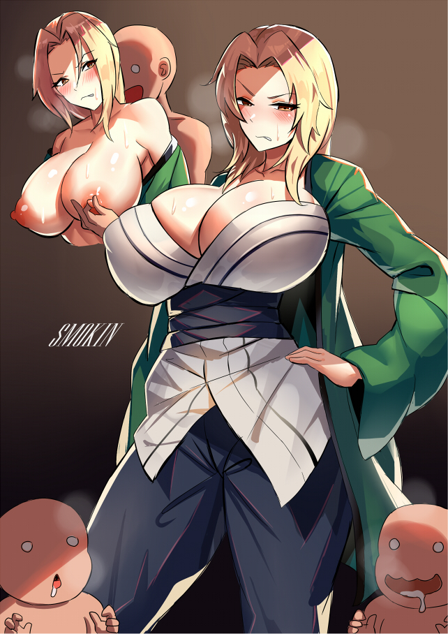 1girls, 2boys, annoyed, areolae, bald, bare shoulders, being watched, blank eyes, blonde hair, bodily fluids, breast grab, breasts, breasts out, brown eyes, cleavage, close-up, drooling, duo, duo focus, erect nipples, female, female focus, fully clothed, grabbing, grabbing from behind, hand on hip, haori, huge breasts, human, kimono, large breasts, long hair, looking at partner, looking at viewer, male, mature, mature female, multiple boys, multiple males, naruto, naruto (series), naruto shippuden, nipple play, nipples, obi, open mouth, pants, parted bangs, puffy nipples, saliva, sash, seductive, smokin, smokin (artist), steam, steaming body, sweat, sweatdrop, sweating, tsunade, unknown male, voluptuous, watching, wavy mouth