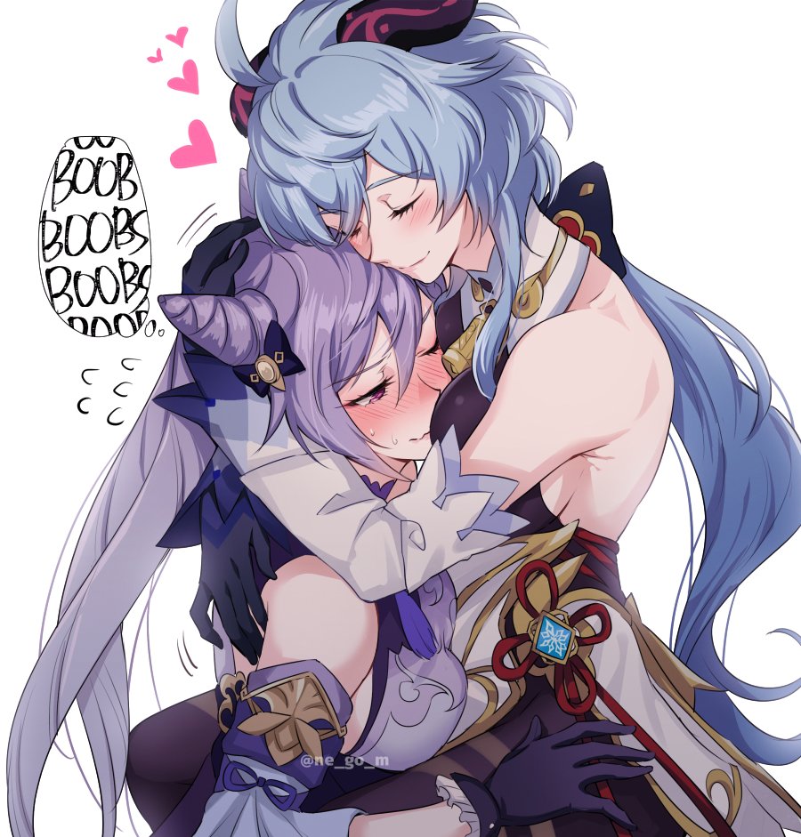 2girls, ahoge, bare shoulders, bell, black gloves, blue hair, blush, breasts, closed eyes, closed mouth, cowbell, female, ganyu (genshin impact), genshin impact, gloves, goat horns, hair cones, heart, horns, hug, keqing (genshin impact), lesbian focus, long hair, multiple females, multiple girls, negom, one eye closed, purple eyes, purple hair, simple background, smile, twintails, twitter username, white background, yuri