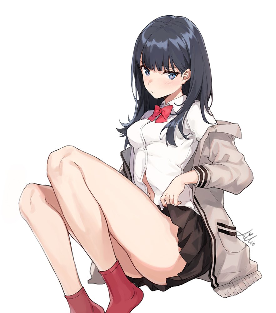 aiko (kanl), bangs, black hair, black skirt, blue eyes, blush, bow, bowtie, cardigan, closed mouth, eyebrows visible through hair, female, legwear, long hair, long sleeves, looking at viewer, open cardigan, open clothes, pleated skirt, red legwear, red neckwear, revision, school uniform, shirt, simple background, sitting, skirt, socks, solo, ssss.gridman, takarada rikka, thighs, tsurime, white background, white cardigan, white shirt