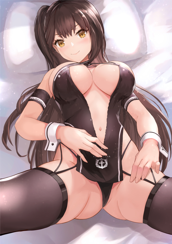 arm strap, ass, azur lane, bangs, bare shoulders, black legwear, blush, breasts, brown hair, center opening, cleavage, criss-cross halter, female, garter straps, halter top, halterneck, large breasts, lingerie, long hair, looking at viewer, lying, mokyumokyuchan, navel, on back, one side up, pelvic curtain, race queen, smile, spread legs, thighhighs, thighs, unitard, wrist cuffs, yellow eyes, zuikaku (azur lane), zuikaku (the wind's true name) (azur lane)