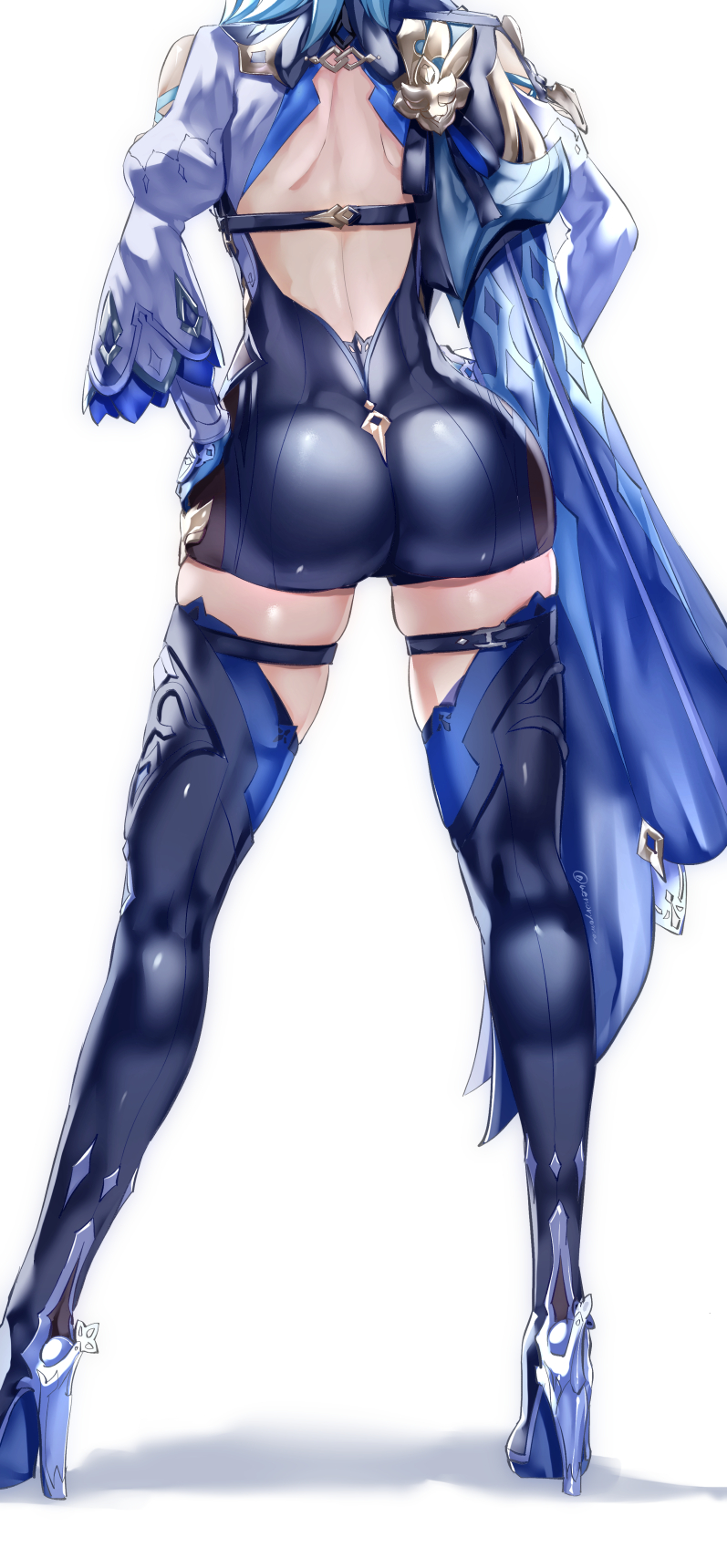 1girls, ass, bodysuit, boots, cloak, cutout, eula (genshin impact), female, from behind, genshin impact, heel boots, heels, uenoryoma