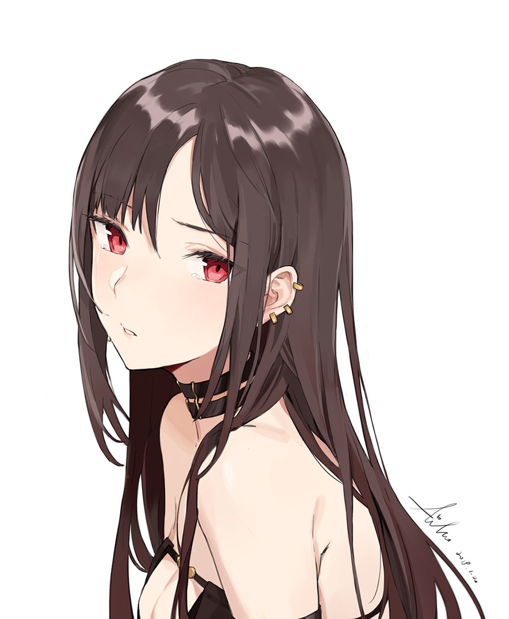 aiko_(kanl) bangs bare_shoulders black_dress breasts brown_hair center_opening choker cleavage dress earrings face fate/grand_order fate_(series) female high_resolution jewelry large_breasts long_hair looking_at_viewer medium_breasts parted_lips portrait red_eyes simple_background solo strapless strapless_dress tears upper_body white_background yu_miaoyi_(fate)