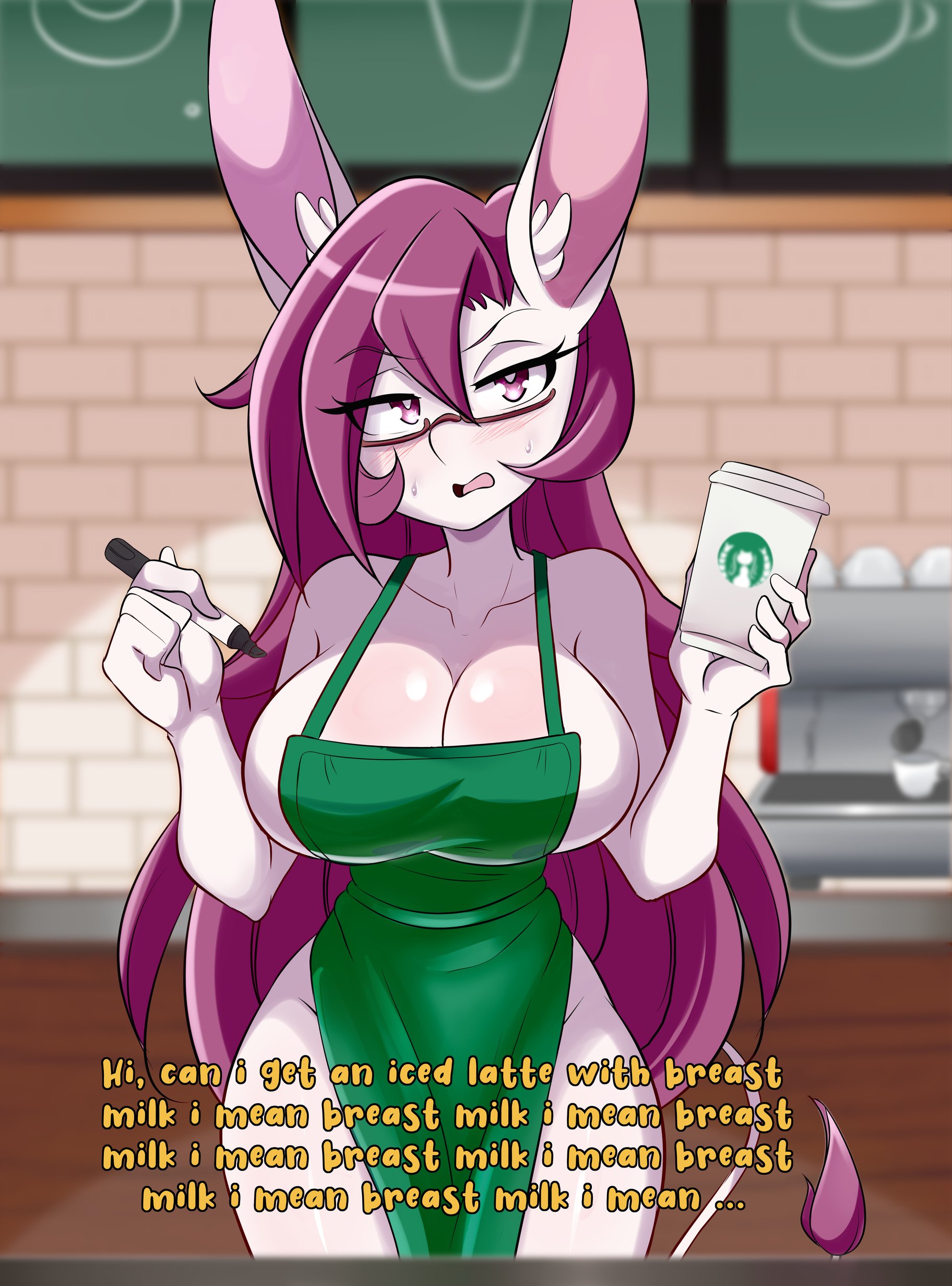 1girls, apron, big breasts, breasts, cachi (lucyfercomic), female, female focus, female only, green apron, iced latte with breast milk, lucyfercomic, meme, naked, original, original character, starbucks, thick thighs, thighs