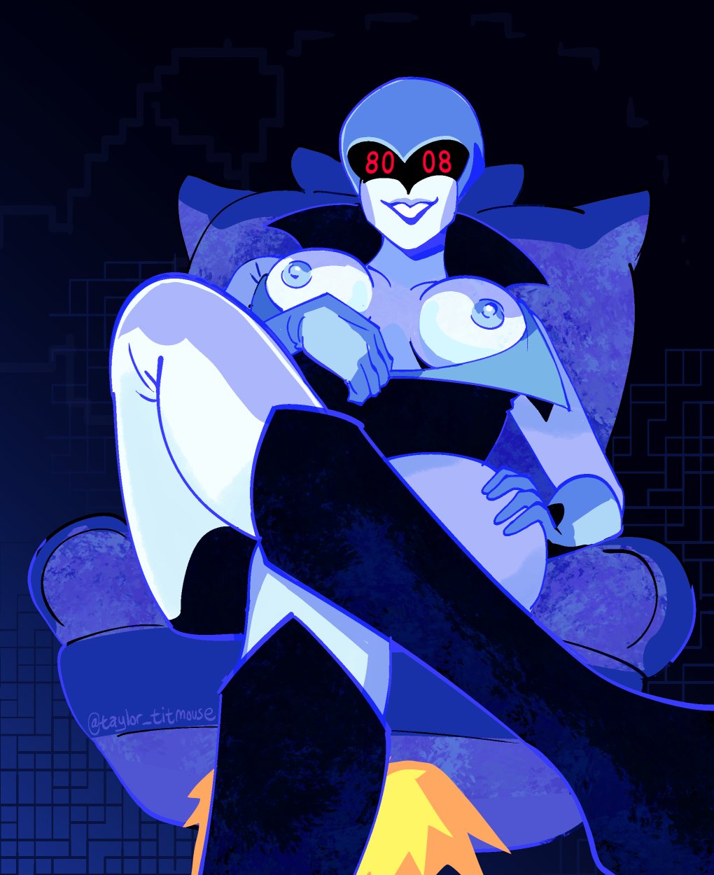 1girls, black boots, blue gloves, blue lipstick, blue nipples, boots, breasts, clothing, deltarune, deltarune chapter 2, female, female only, gloves, hand on hip, nipples, queen (deltarune), showing breasts, solo female, taylor titmouse, visor