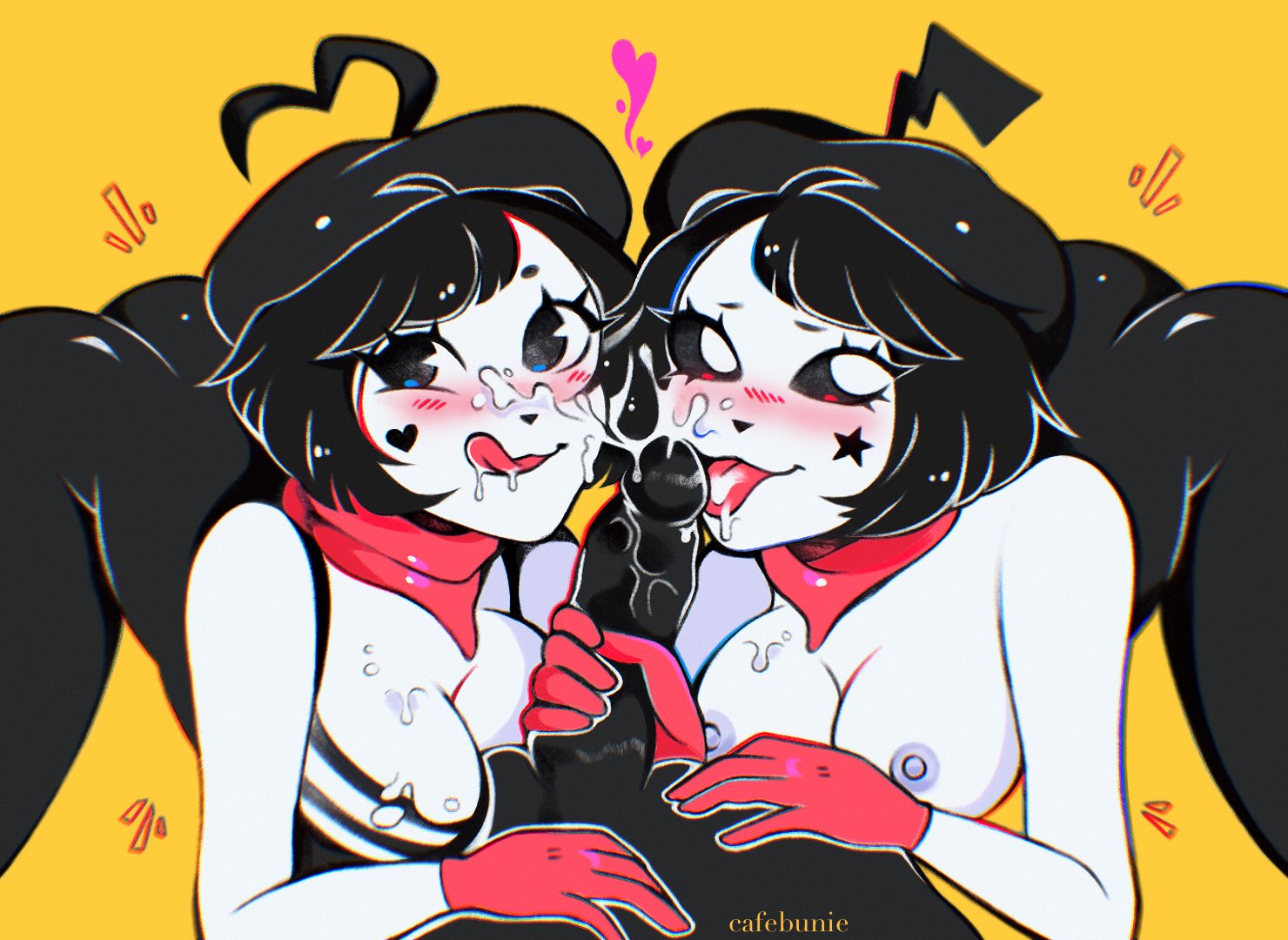 :3, 1boy, 2girls, beret, black eyes, black hair, black sclera, blush, bonbon (derpixon), cafebunie, chuchu (derpixon), cleavage, covered in cum, cum, cum on face, erect penis, female, gloves, looking at viewer, male, mime, mime and dash, mime girl, pac-man eyes, penis, pov, tagme, unseen male face, white eyes, white sclera