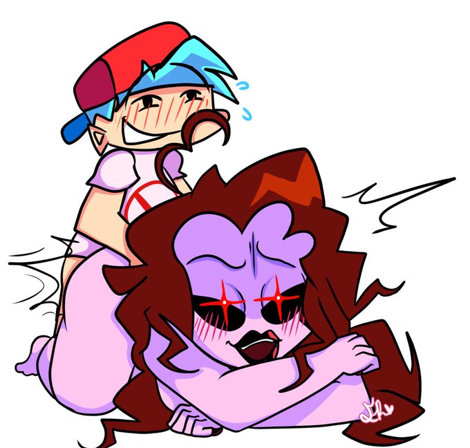 bent over, blue hair, blush, boyfriend (friday night funkin), breasts, cucking mother, daughters boyfriend, female, friday night funkin, girlfriend's mother, lipstick, milf, mommy mearest, mother and daughters boyfriend, purple skin, red eyes, red hair, red hat, sex, smirk, straight, white shirt