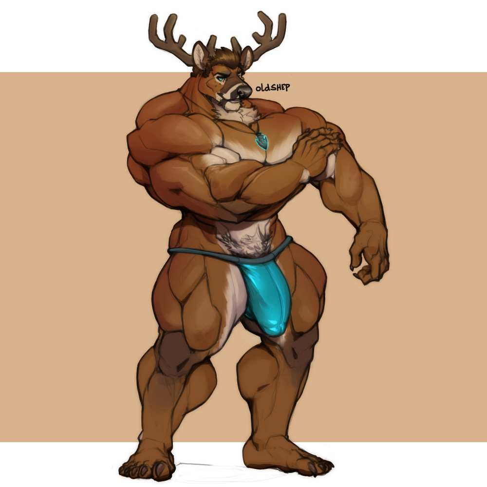 1:1 1male 2020 5_fingers 5_toes anthro antlers beefy big_bulge big_muscles biped blue_clothing blue_eyes blue_underwear body_fur brown_body brown_claws brown_hair bulge cervid claws clothing countershade_arms countershade_legs countershade_torso countershading daddy deltoids digital_media_(artwork) feet finger_claws fingers full-length_portrait genital_outline glistening glistening_clothing glistening_hair glistening_nose hair horn huge_muscles jewelry light_body light_countershading looking_at_viewer male male_only male_thong mammal manly masculine mature_male muscular muscular_anthro muscular_legs muscular_male neck_tuft necklace oldshep pecs penis_outline plantigrade portrait pubes pubic_hair quads shaded signature simple_background smooth_fur solo standing tan_body tan_countershading thong toe_claws toes triceps tuft underwear