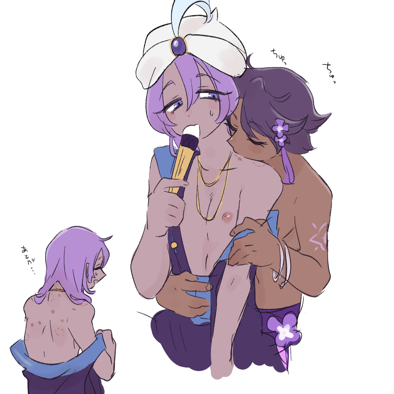 2boys, androgynous, bite, bite mark, blush, cookie run, dark skin, dark-skinned femboy, dark-skinned male, femboy, gay, hickey, hickey marks, humanized, humanized cookie, japanese text, lilac cookie, male, nipples, niwa827, taking clothes off, yaoi, yogurt cream cookie