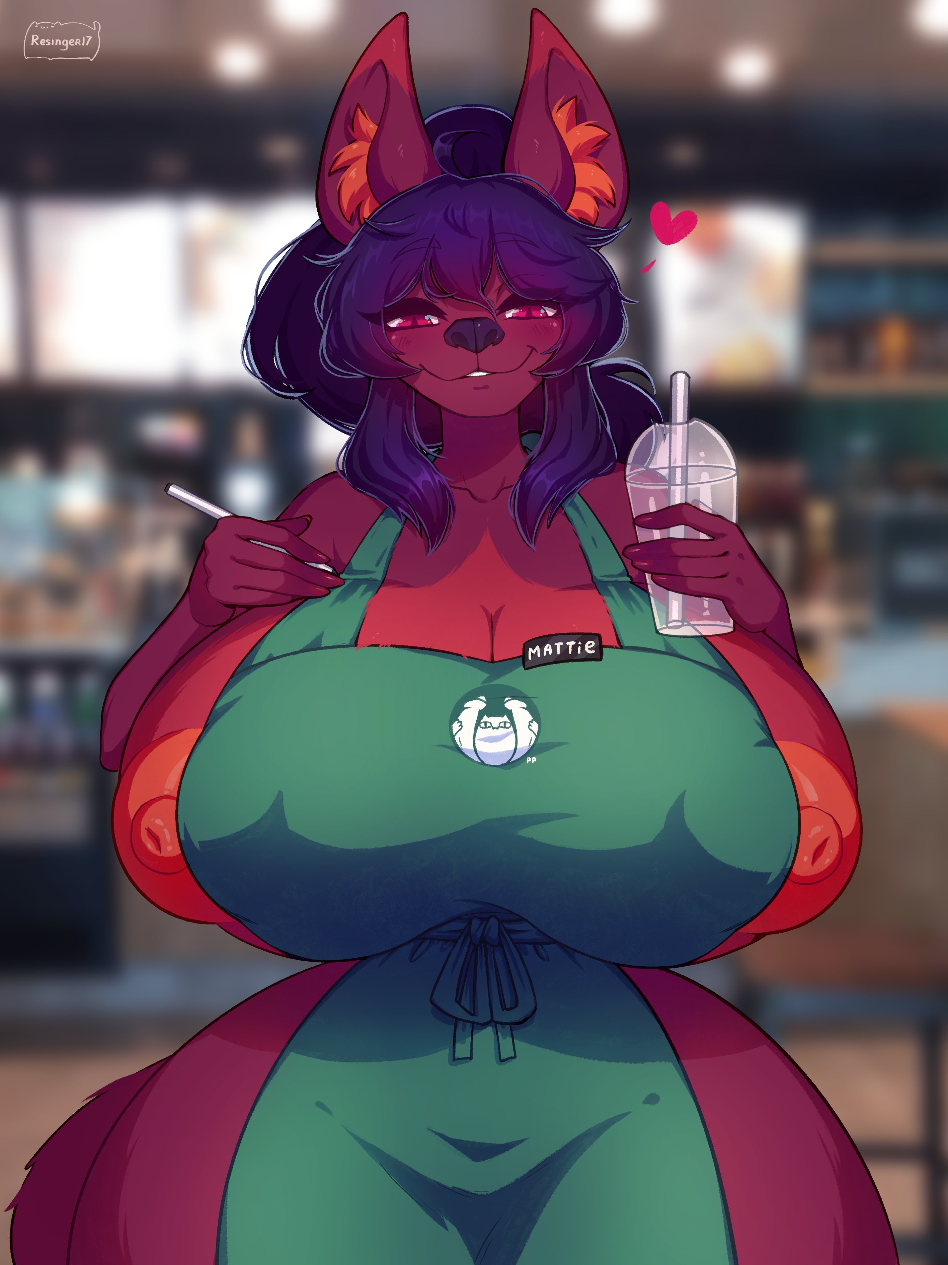 1girls, anthro, apron, apron only, breasts, canid, canine, female, female focus, female only, fur, furry, furry only, heart, hourglass figure, huge breasts, humanoid, iced latte with breast milk, looking at viewer, mammal, mammal humanoid, mattie (meanmetal), meme, naked, naked apron, nipple slip, nipples, resinger17, thick, thick thighs, thighs, voluptuous, wide hips