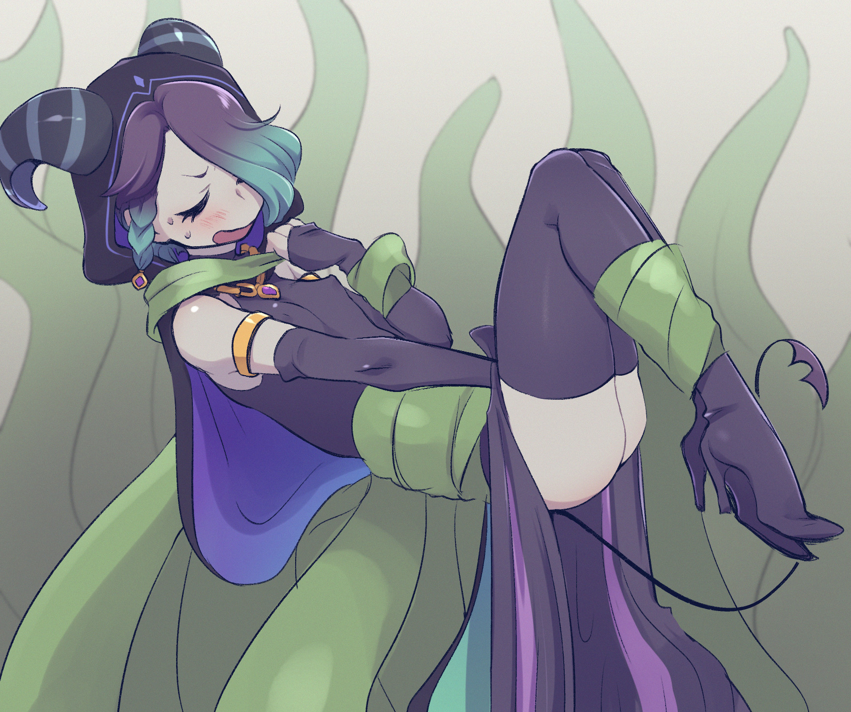1cuntboy, blush, closed eyes, cookie run, cuntboy, demon horns, demon tail, fingering pussy, fingering self, hoodie, horns, humanized, humanized cookie, intersex, licorice cookie, male, multicolored hair, nipples, niwa827, purple hair, pussy, tail, teal hair, thick thighs, thighhighs, thighs, trapped in grass