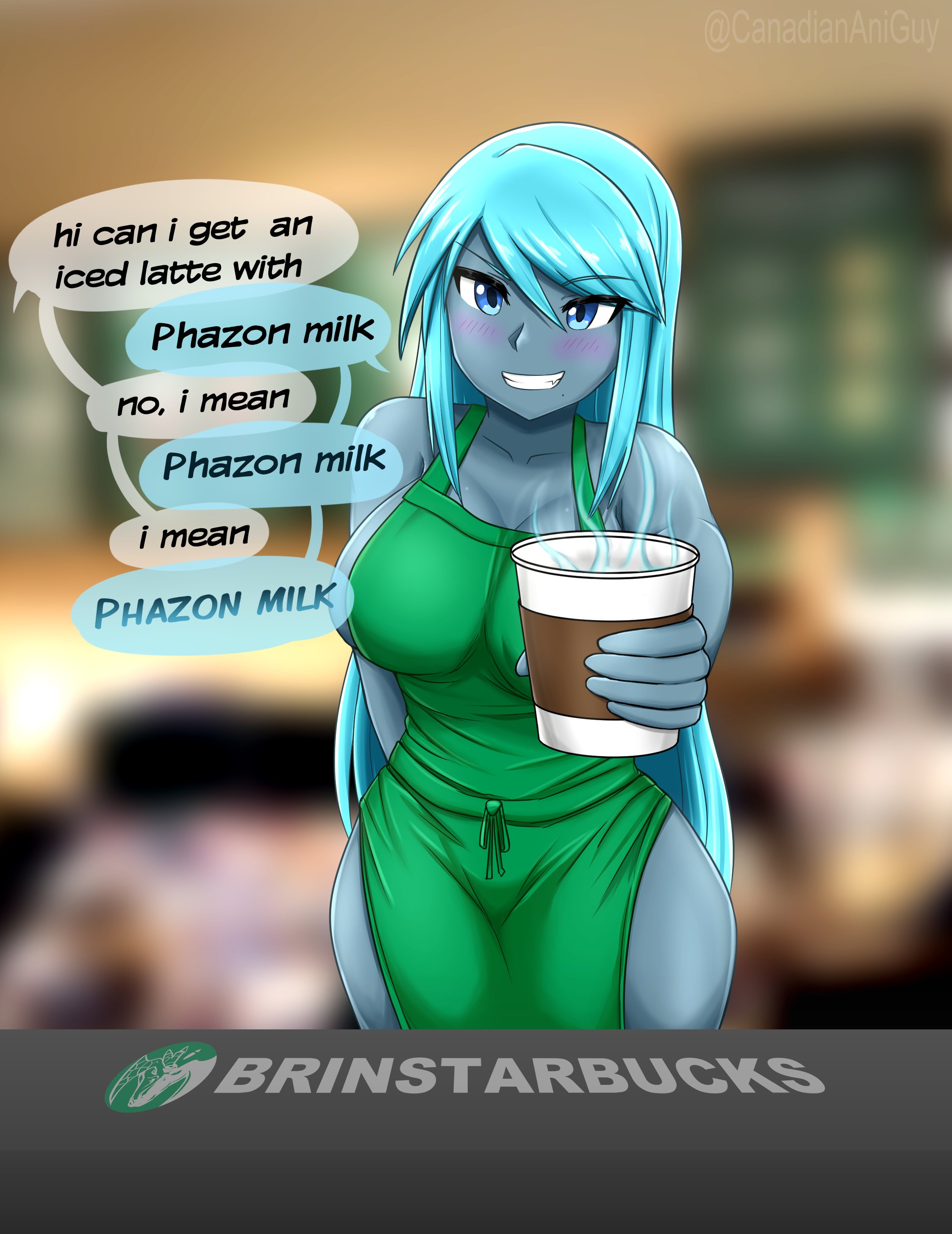 apron, apron only, aqua hair, breasts, canadiananiguy, dark samus, english text, female, iced latte with breast milk, meme, metroid, naked apron, nintendo, tagme, text