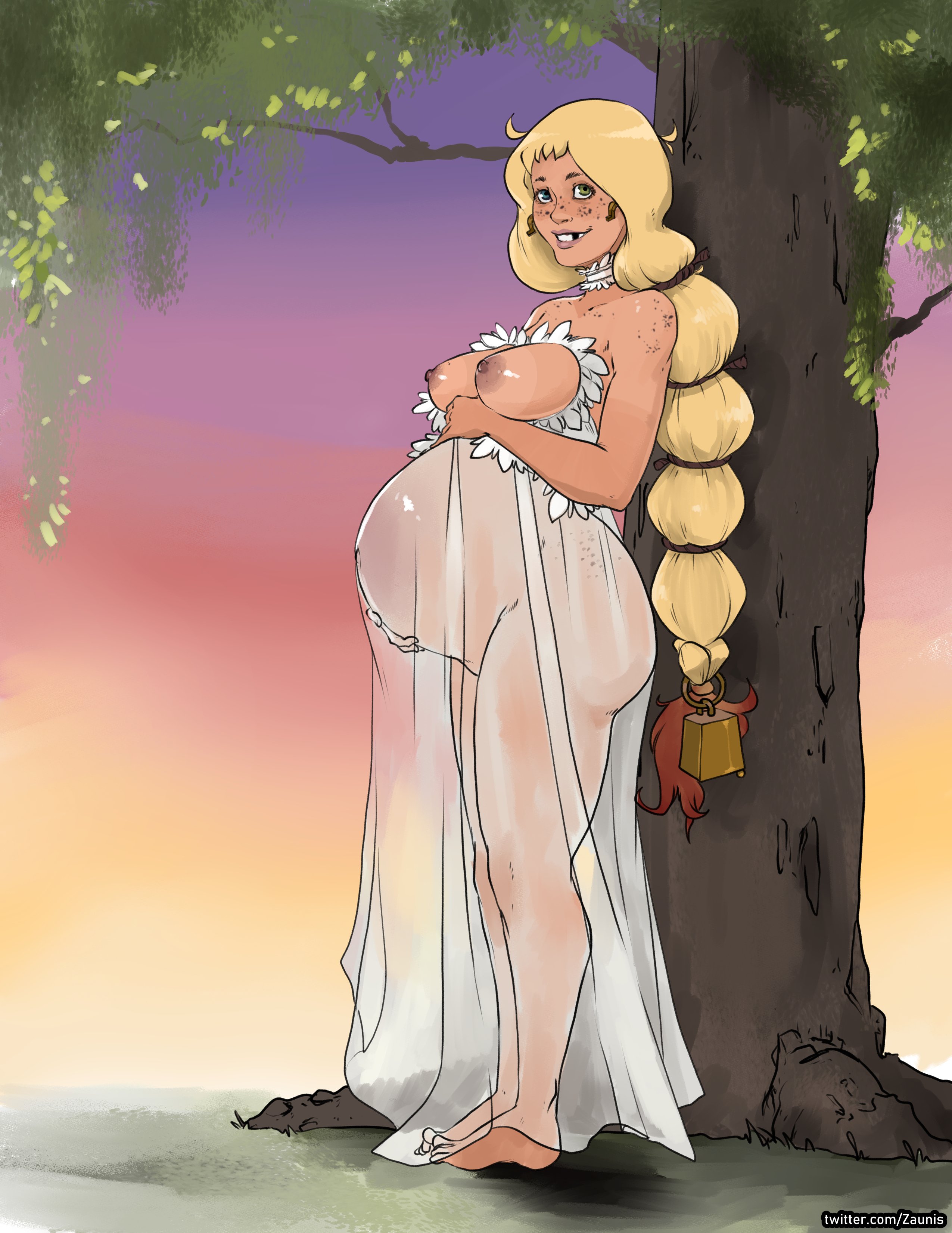 1girls, areolae, barefoot, big belly, big breasts, breasts, female, female only, freckles, huge belly, large breasts, looking at viewer, lucy stables (zaun-derground), maternity clothes, maternity dress, nipples, pregnant, ready to pop, zaun-derground