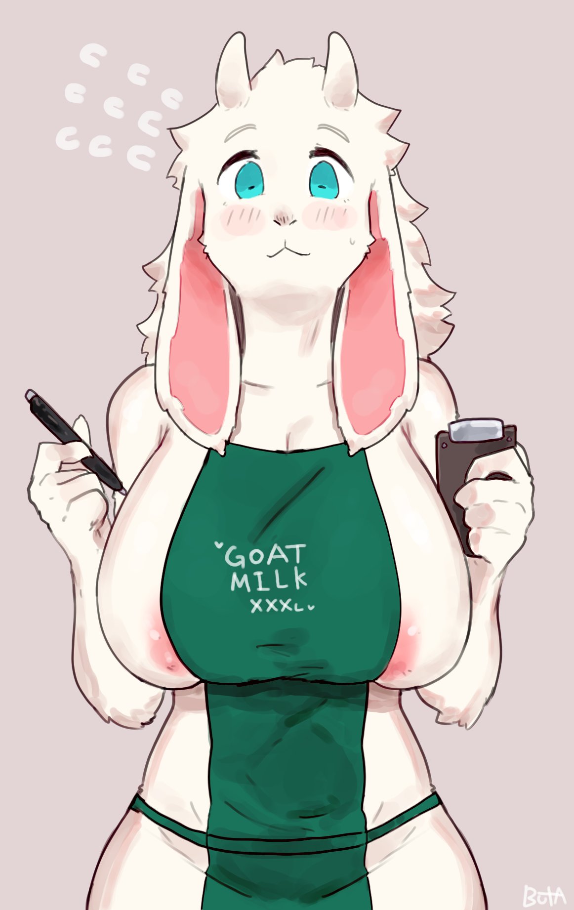 1girls, anthro, apron, apron only, aqua eyes, areola slip, big breasts, blush, breasts, buta99, caprine, female, female only, fur, furry only, grey background, hi res, horizontal pupils, horns, iced latte with breast milk, looking at viewer, meme, notebook, pen, sheep, sheep ears, sheep horns, sideboob, solo, solo female, starbucks, text on clothing, upper body, vanilla (buta99), white fur