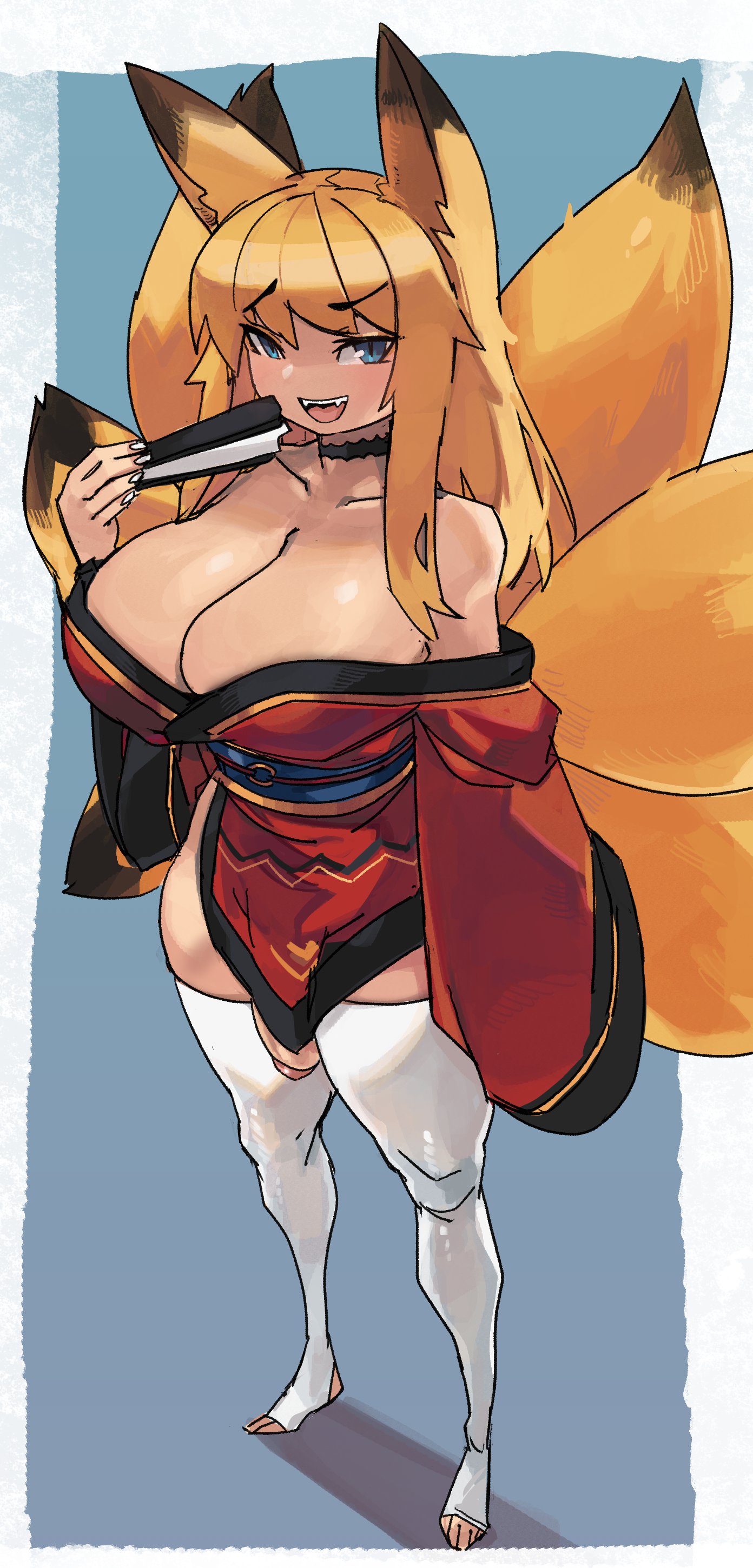 1futa, animal ears, bare shoulders, big breasts, big penis, blonde hair, blue eyes, breasts, choker, cleavage, clothed, clothing, fangs, female, flaccid, folding fan, fox, fox ears, fox girl, fox tail, full body, futa only, futanari, horny, humanoid, humanoid penis, intersex, japanese clothes, kemonomimi, kimono, kitsune, legwear, light skin, light-skinned futa, long hair, long sleeves, looking at viewer, mostly clothed, multi tail, original, pale skin, penis, slit pupils, smiling, smiling at viewer, solo, solo futa, standing, tail, tails, thighhighs, toeless legwear, very high resolution, white legwear, zanamaoria