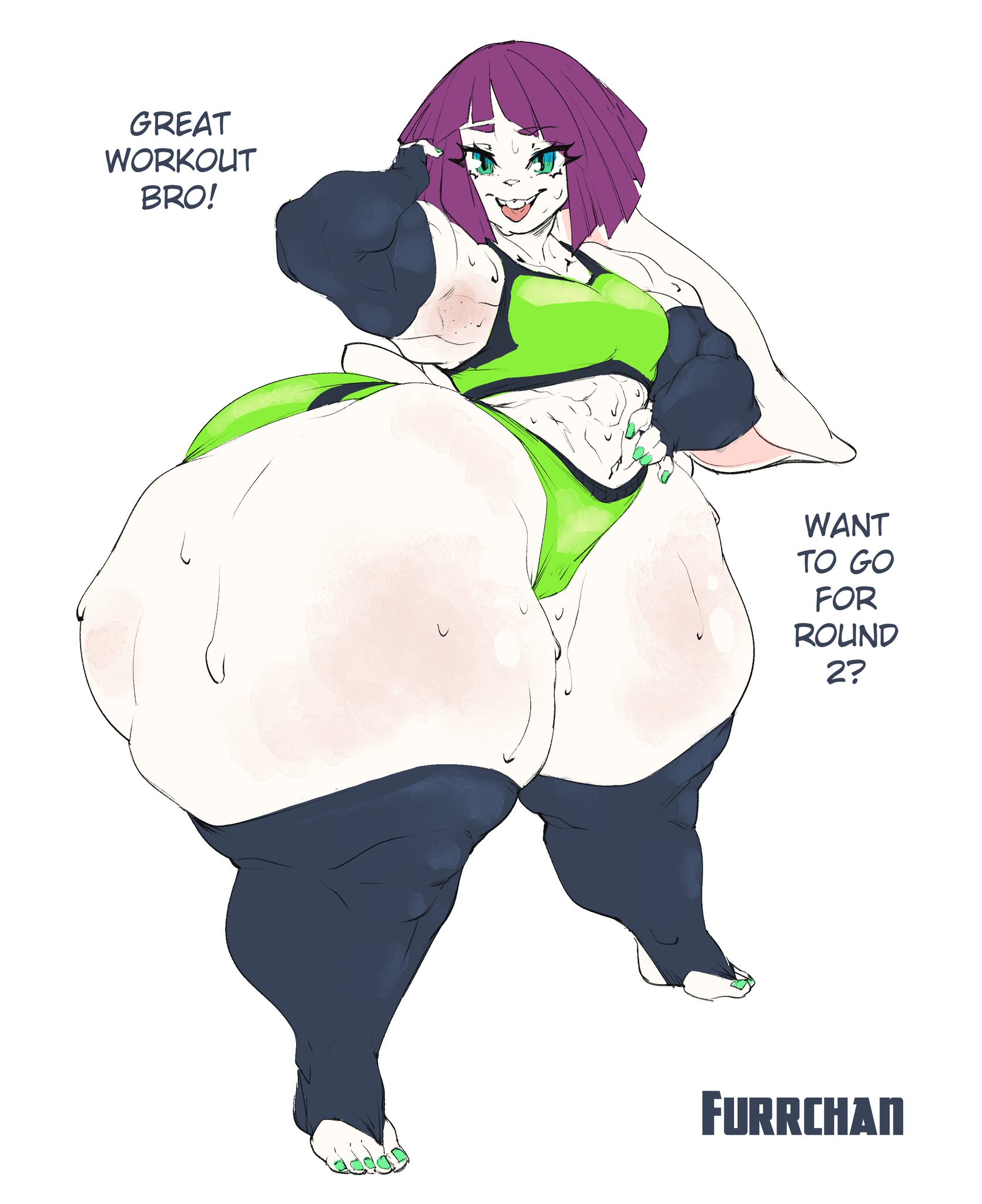 anthro, armwear, ass, big ass, big butt, blue eyes, breasts, english text, fat ass, female, furrchan, hair, huge ass, huge butt, legwear, looking at viewer, muscles, muscular, muscular female, purple hair, rabbit, shorts, smile, sports bra, sweat, text, thick thighs, thighs, white background, wide hips