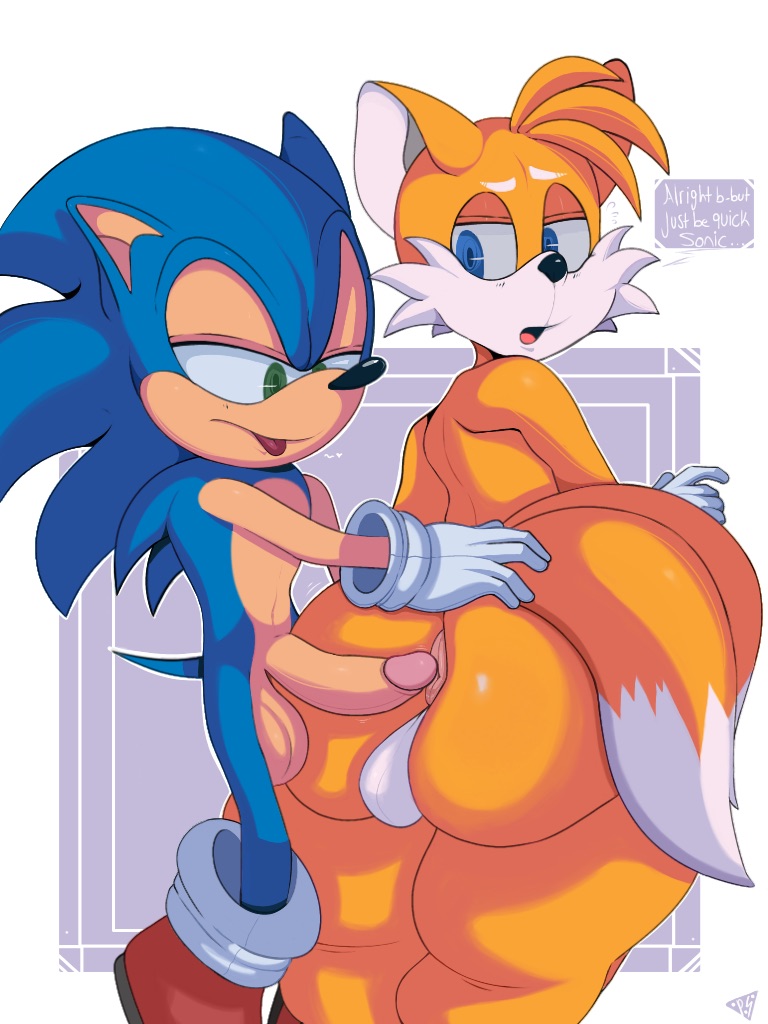 anal, anthro, anus, ass, balls, big ass, big balls, big butt, big penis, blue eyes, blue fur, bubble ass, bubble butt, exposed torso, fat ass, femboy, feminine tails, footwear, gay sex, green eyes, handwear, huge ass, humanoid, male, orange fur, penis, pizzasnap, sonic (series), sonic the hedgehog, sonic the hedgehog (series), tails, tails the fox, text, text bubble, thick thighs, throbbing, white background, wide hips, worried