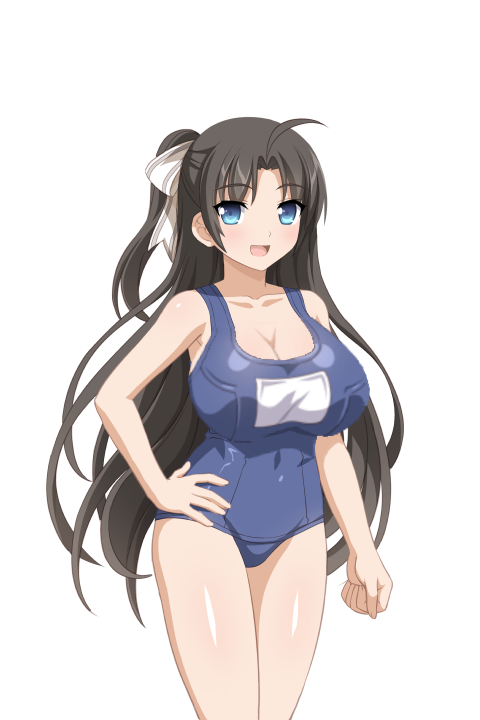 alpha_channel alternate_breast_size breast_expansion clothed edit female game_cg hair_ribbon huge_breasts mieko_(sakura_swim_club) open_mouth png sakura_swim_club sprite_edit swimsuit transparent_background transparent_png wanaca winged_cloud