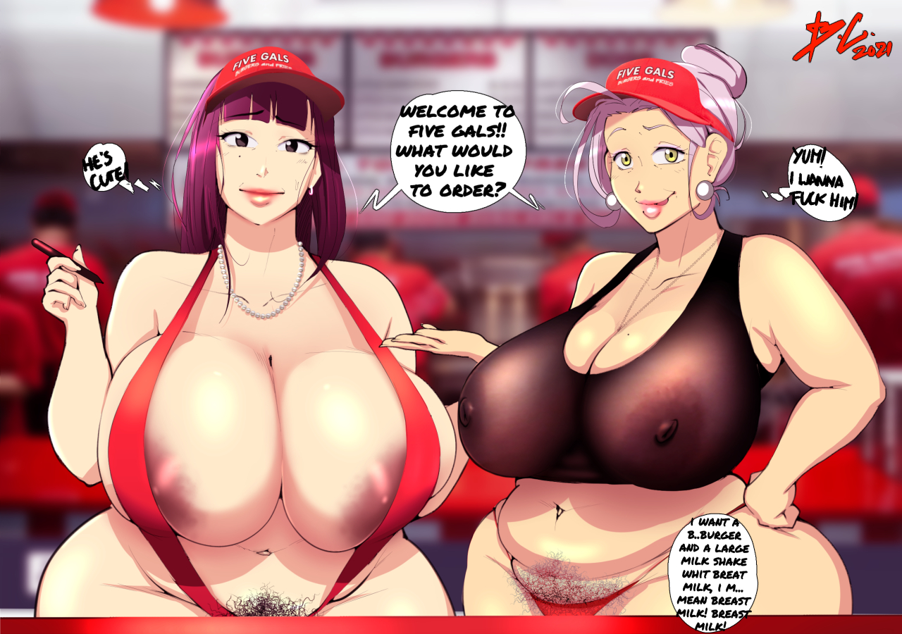 2girls, big areola, big breasts, bittercream, breasts, character request, female, gilf, hairy pussy, hinako (bittercream), huge areolae, huge breasts, iced latte with breast milk, meme, milf, multiple females, multiple girls, nipples visible through clothing, oc, original, original character, original characters, pubic hair, pussy, restaurant