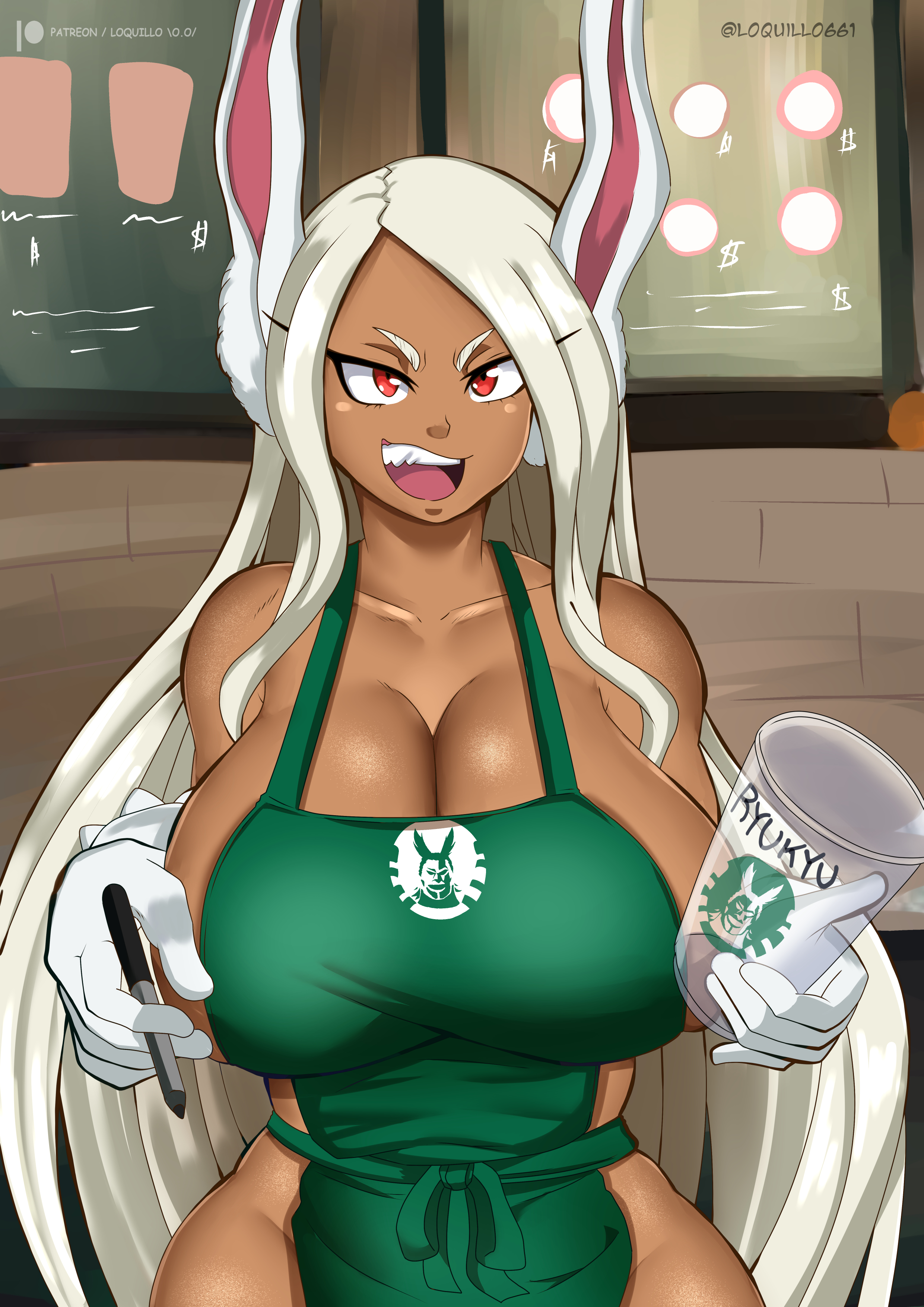 1girls, animal ears, apron, big breasts, breasts, bunny ears, coffee cup, dark skin, dark-skinned female, female, female focus, female only, gloves, holding pen, hourglass figure, huge breasts, iced latte with breast milk, long hair, loquillo, mature female, meme, miruko, my hero academia, naked, naked apron, naked gloves, rumi usagiyama, thick, thick thighs, voluptuous, white hair, white-haired female, wide hips