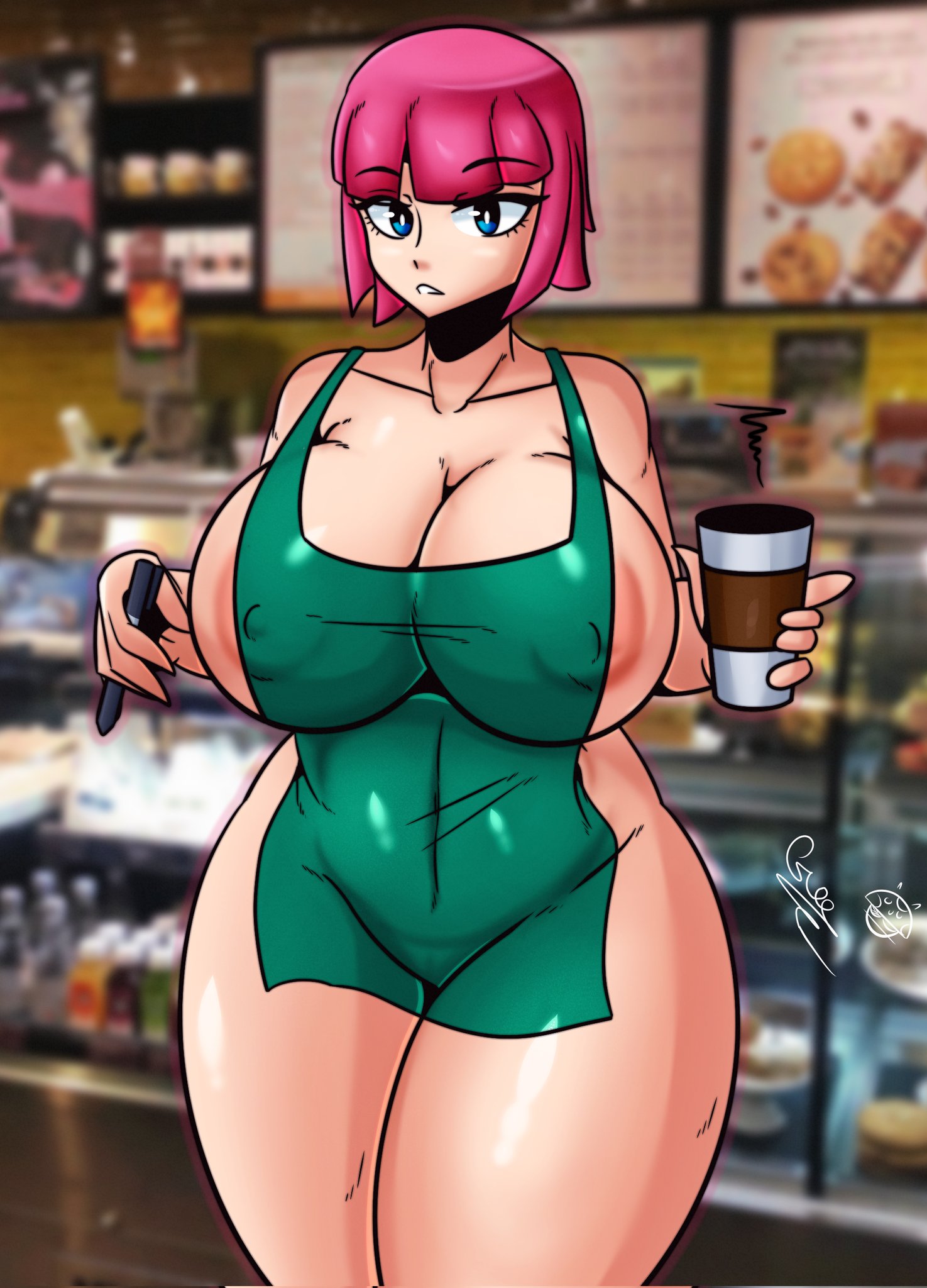apron, apron only, archer (clash of clans), areolae, areolae slip, big breasts, big nipples, big thighs, blue eyes, breasts, breasts bigger than head, clash (series), clash of clans, clash royale, covered pussy, female, female only, huge breasts, iced latte with breast milk, looking at viewer, meme, nipple bulge, pink hair, pussy, see-through clothing, shiny, shiny skin, solo, solo female, starbucks, thick thighs, tr yithaz, voluptuous, voluptuous female, watch, watching