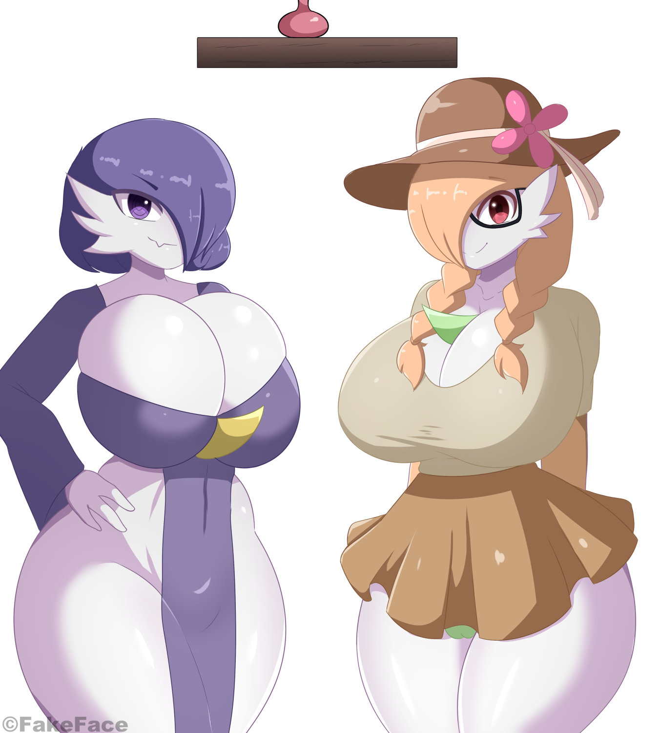 2girls, anthro, big breasts, breasts, cleavage, curvy, cute, english text, fake face, female, female only, gardevoir, ginger, glasses, hips, huge breasts, humanoid, large breasts, looking at viewer, nintendo, pokémon (species), pokemon, pokemon (species), pokemon rse, pose, posing, simple background, smile, smiling at viewer, standing, text, thick, thick thighs, thighs, thin, thin waist, watermark, wide hips