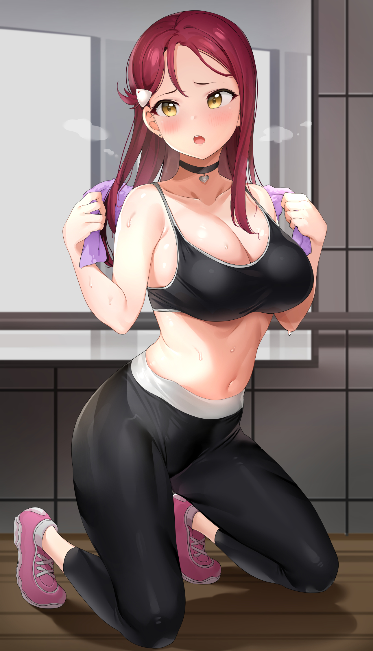 1girls, ass, big ass, big breasts, breasts, choker, female, female only, hair ornament, heavy breathing, love live!, love live! sunshine!!, mostly clothed, red hair, sakurauchi riko, sweat, sweating, tem10, thick thighs, thighs, tight clothing, towel, workout clothes, yellow eyes