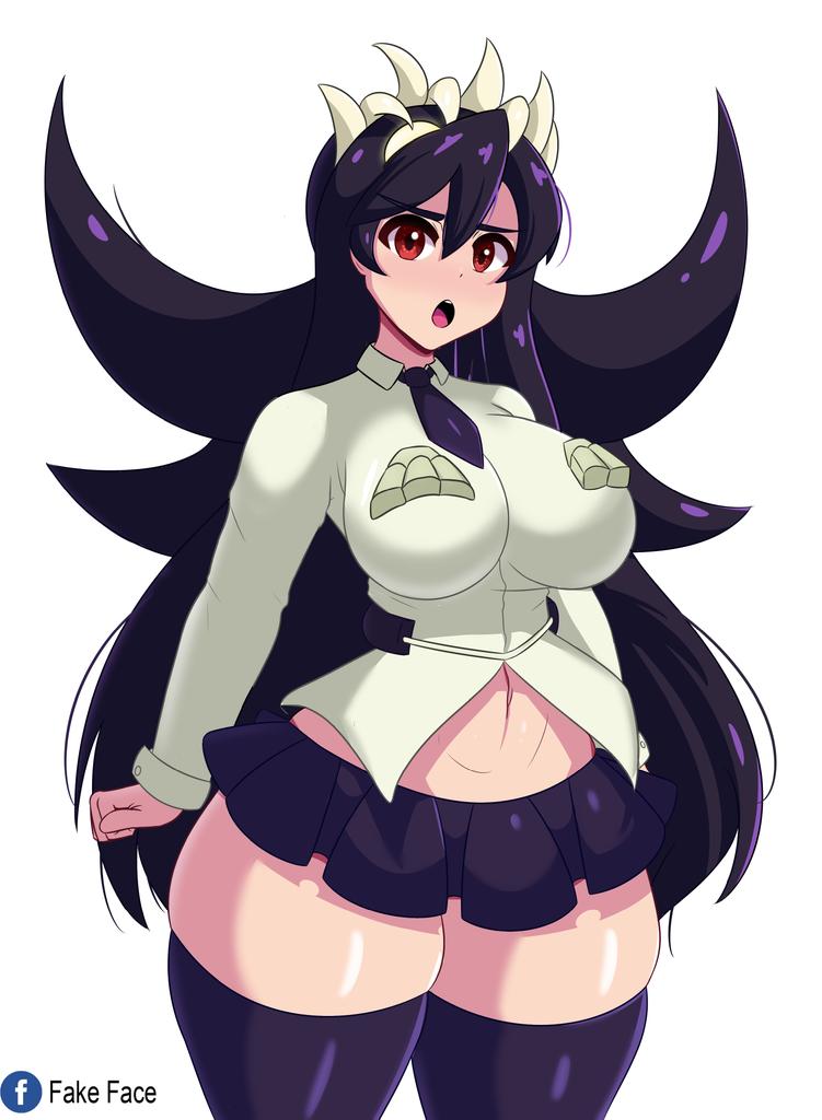 1girls, big breasts, black hair, breasts, curvaceous, curvy, curvy body, curvy female, fake face, female, filia (skullgirls), monster girl, multi eye, multi mouth, samson (skullgirls), short skirt, skirt, skullgirls, thick thighs, thunder thighs, very long hair, voluptuous, white background, wide hips