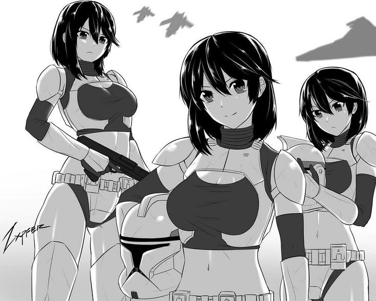 3girls armor black_and_white clone_trooper clone_wars cute female genderbent genderswap hologram laat/i large_breasts outside realistic_breast_size rule_63 star_destroyer star_wars venator-class_star_destroyer zxpfer