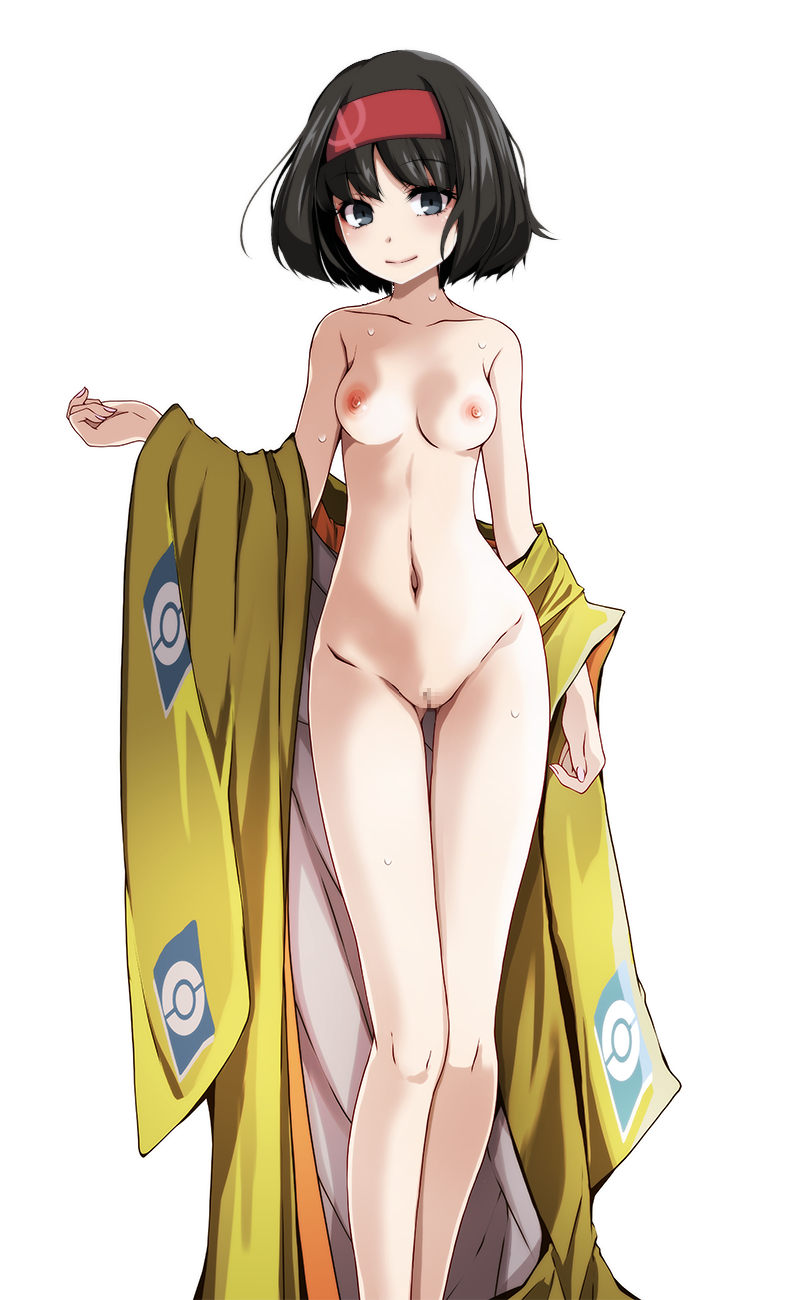 1girls black_hair blush breasts censored collarbone edit erika_(pokemon) eyebrows_visible_through_hair female grey_eyes headband japanese_clothes kimono looking_at_viewer medium_breasts naked navel nipples painted_nails pink_background pokemon pussy short_hair smile solo standing tagme tearing_up tsukishiro_saika undressing white_background