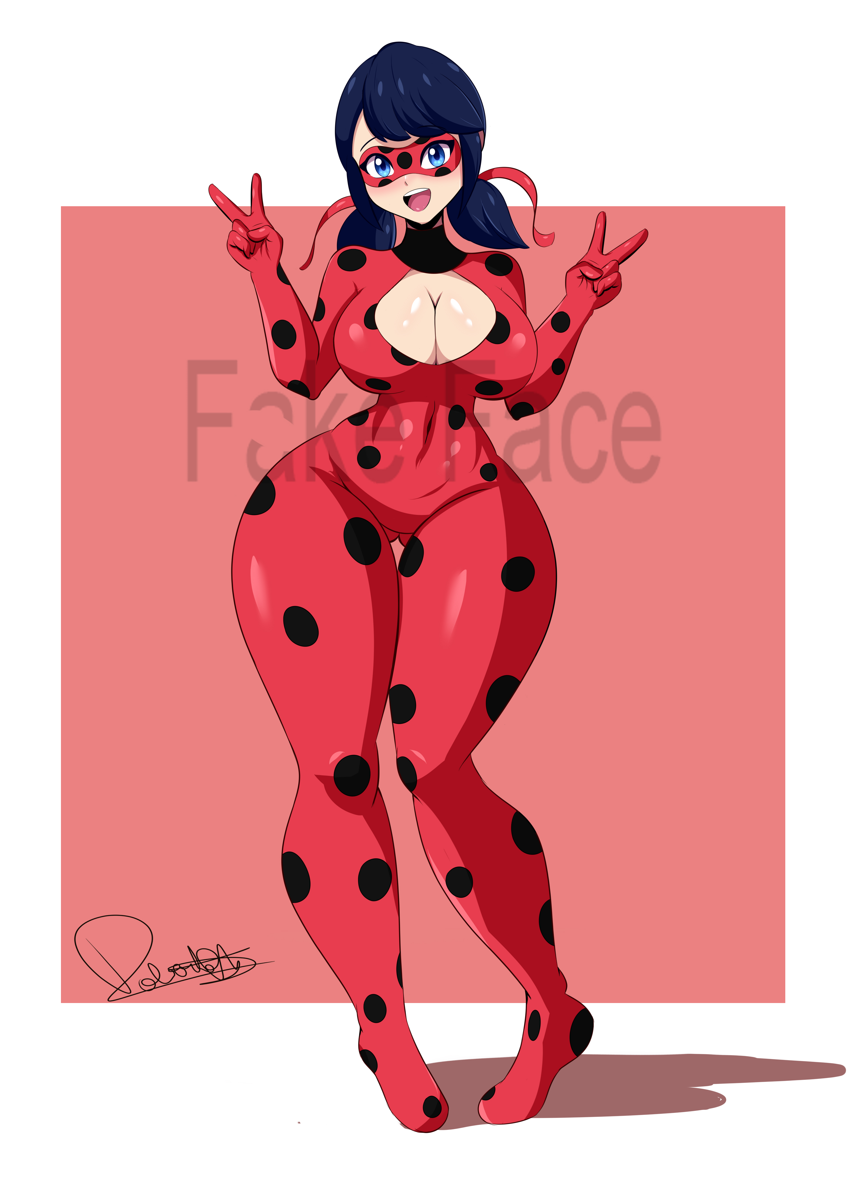big breasts, bodysuit, boob window, breasts, cleavage, cleavage cutout, fake face, female, female only, ladybug (character), marinette cheng, marinette dupain-cheng, miraculous ladybug, posing, signature, superheroine, tagme, thick, thick thighs, thigh gap, v sign, watermark, white background