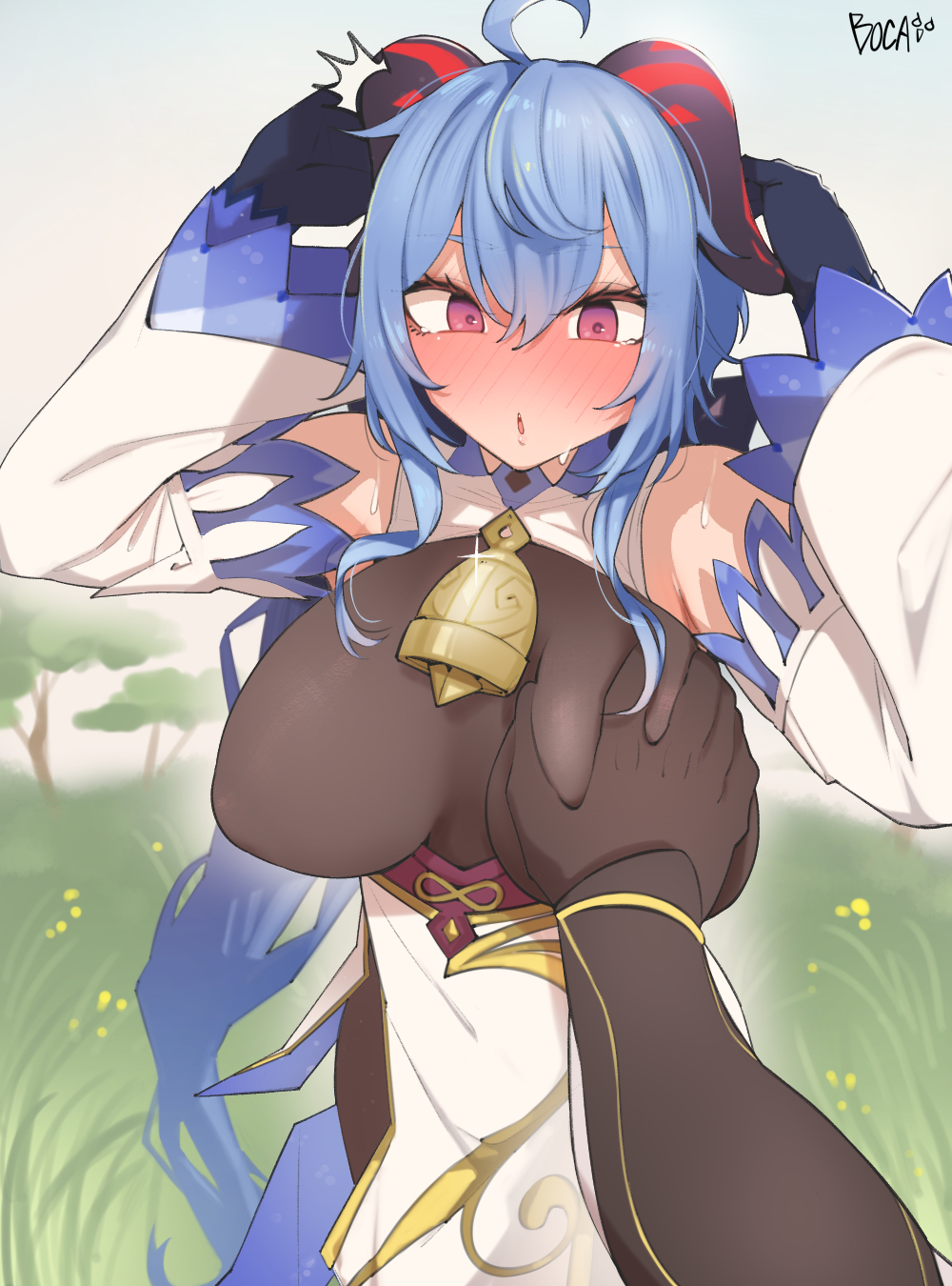 aether_(genshin_impact) ahoge arms_up bare_shoulders bell black_bodysuit blue_hair blush boca bodysuit breast_grab breasts cowbell detached_sleeves english_text female ganyu_(genshin_impact) genshin_impact gloves grabbing grass highres horns large_breasts long_sleeves looking_at_viewer speech_bubble standing straight surprised sweatdrop tree