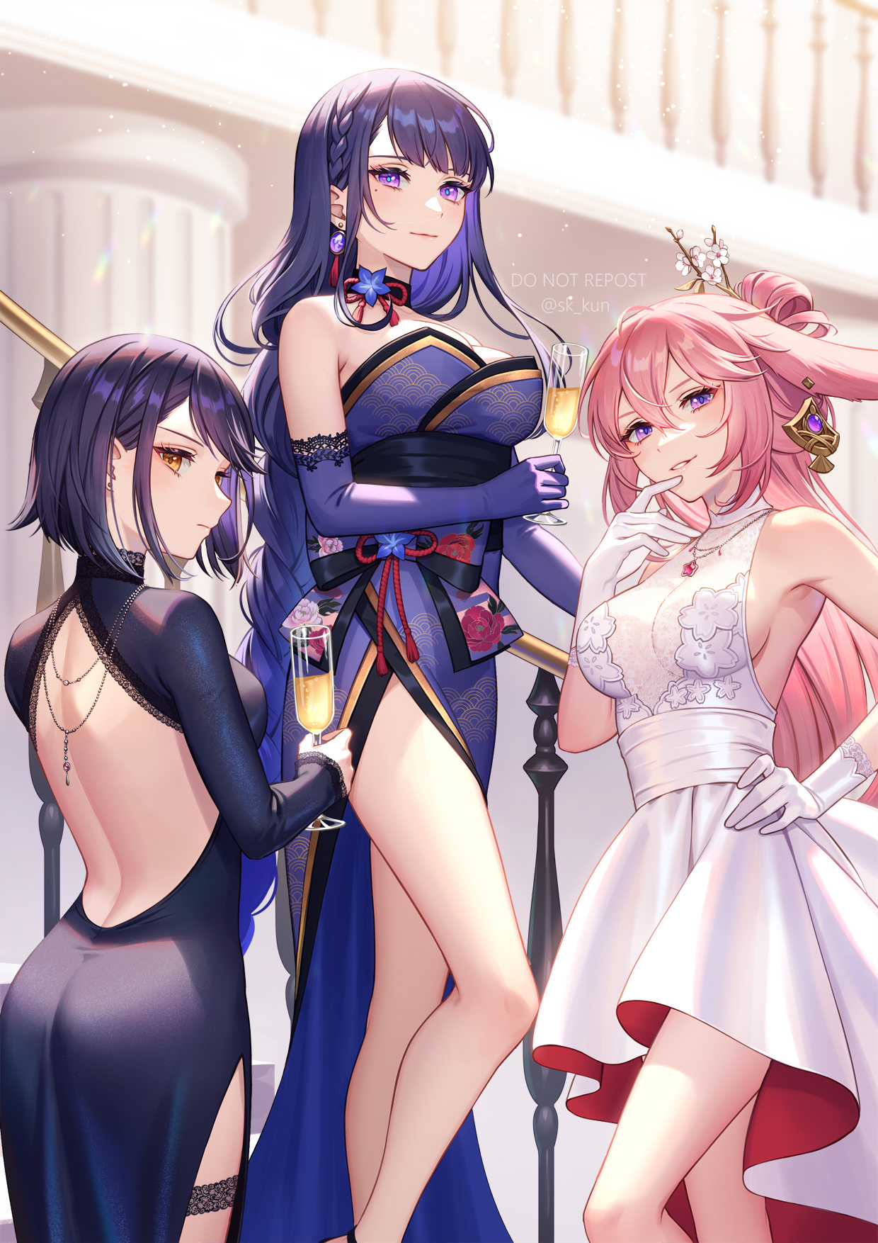 3girls, dominant female, dress, female, genshin impact, kujou sara, looking down, raiden shogun, smiling, staring at viewer, yae miko