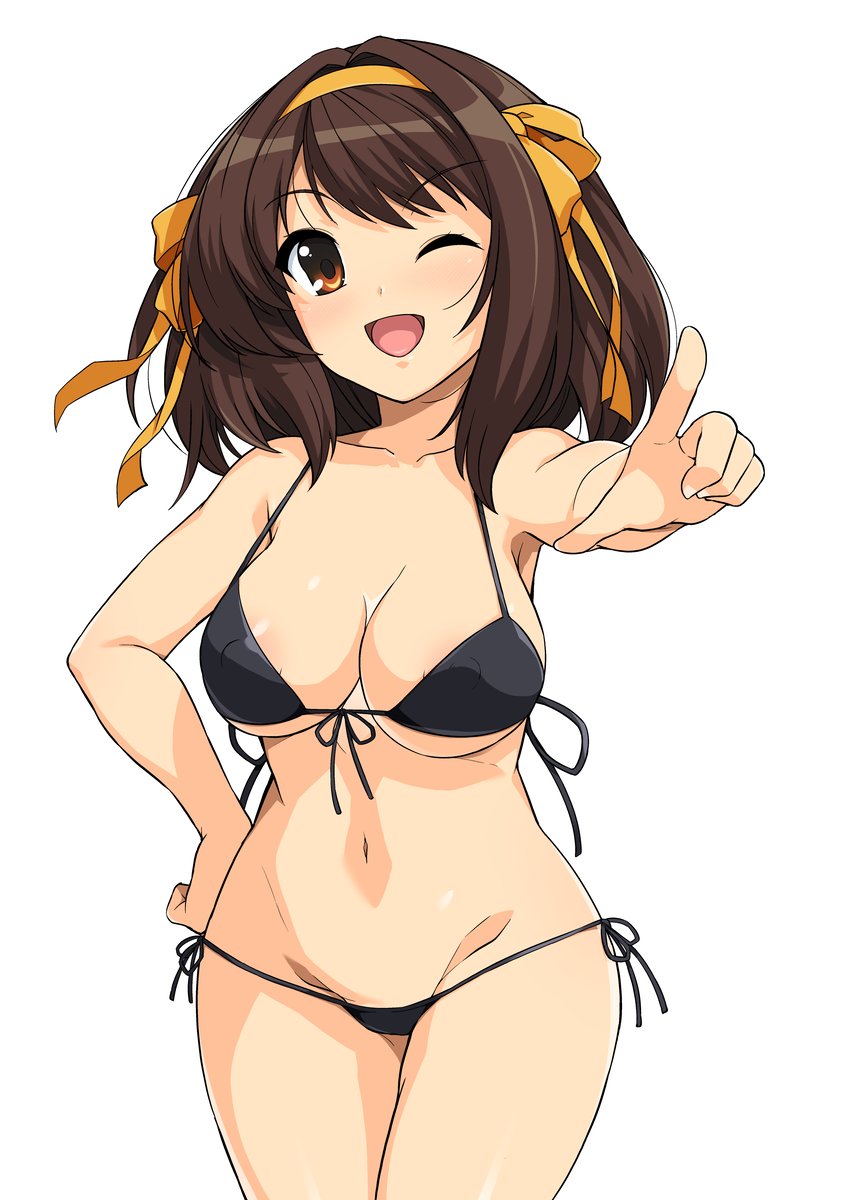 1girls, areola slip, bikini, breasts, covered nipples, female, hand on hip, haruhisky, lowleg bikini, medium breasts, solo, standing, suzumiya haruhi, suzumiya haruhi no yuuutsu, swimsuit, tagme, white background