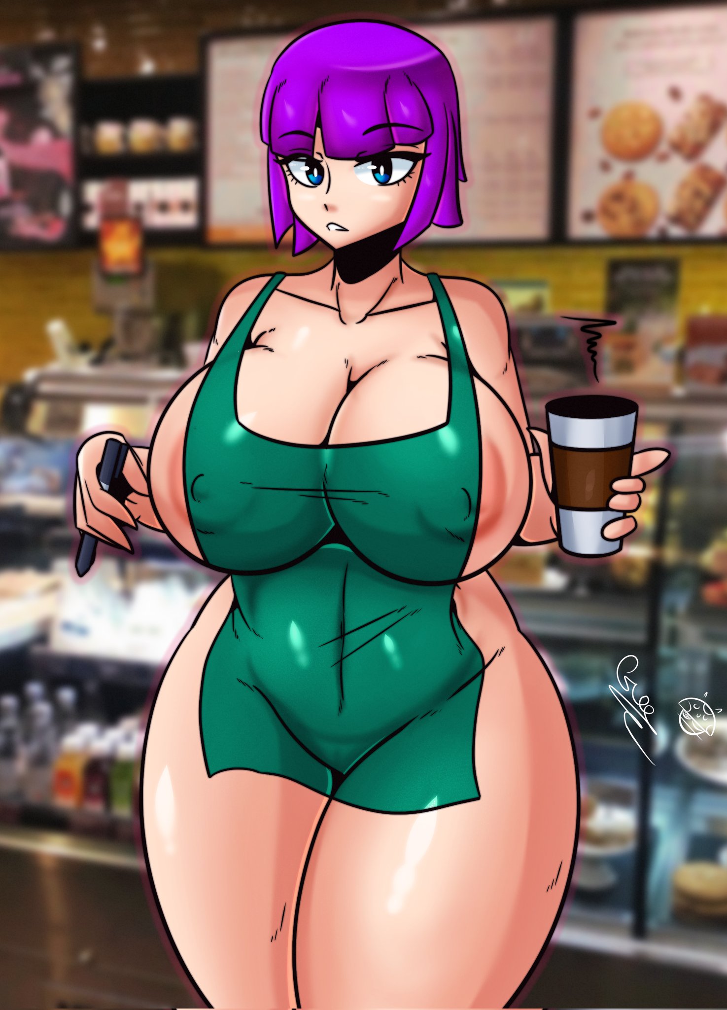 apron, apron only, archer queen (clash of clans), areolae, areolae slip, big breasts, big nipples, big thighs, blue eyes, breasts, breasts bigger than head, clash (series), clash of clans, clash royale, female, female only, huge breasts, iced latte with breast milk, looking at viewer, meme, nipple bulge, purple hair, pussy, see-through, see-through clothing, shiny, shiny skin, solo, solo female, starbucks, thick thighs, tr yithaz, voluptuous, voluptuous female