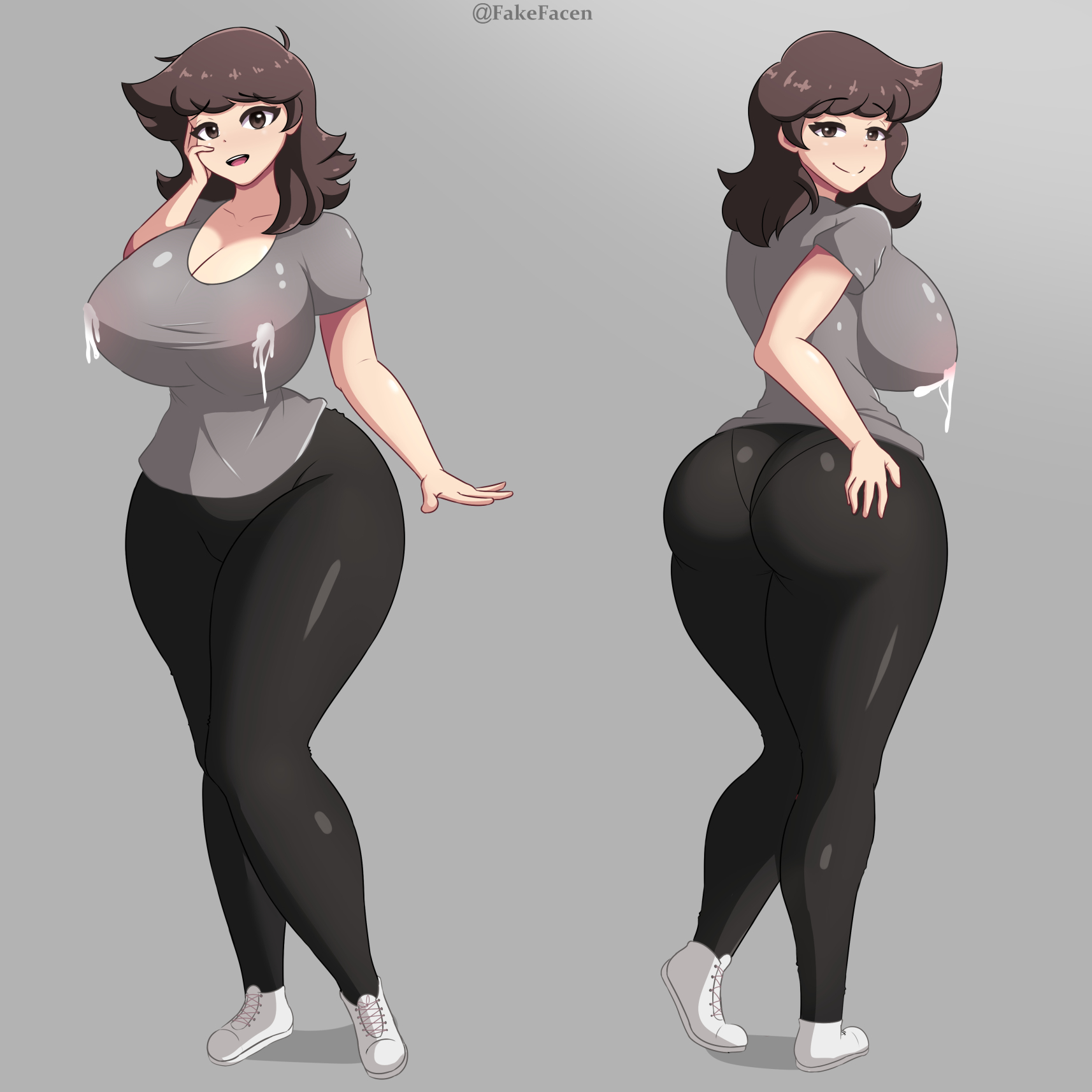 alternate version available, big breasts, breasts, brown eyes, brown hair, fake face, female, huge breasts, lactation, lactation through clothes, lamby lamb, milf, milk, mother, open mouth, original, original character, tagme, thick, twitter username