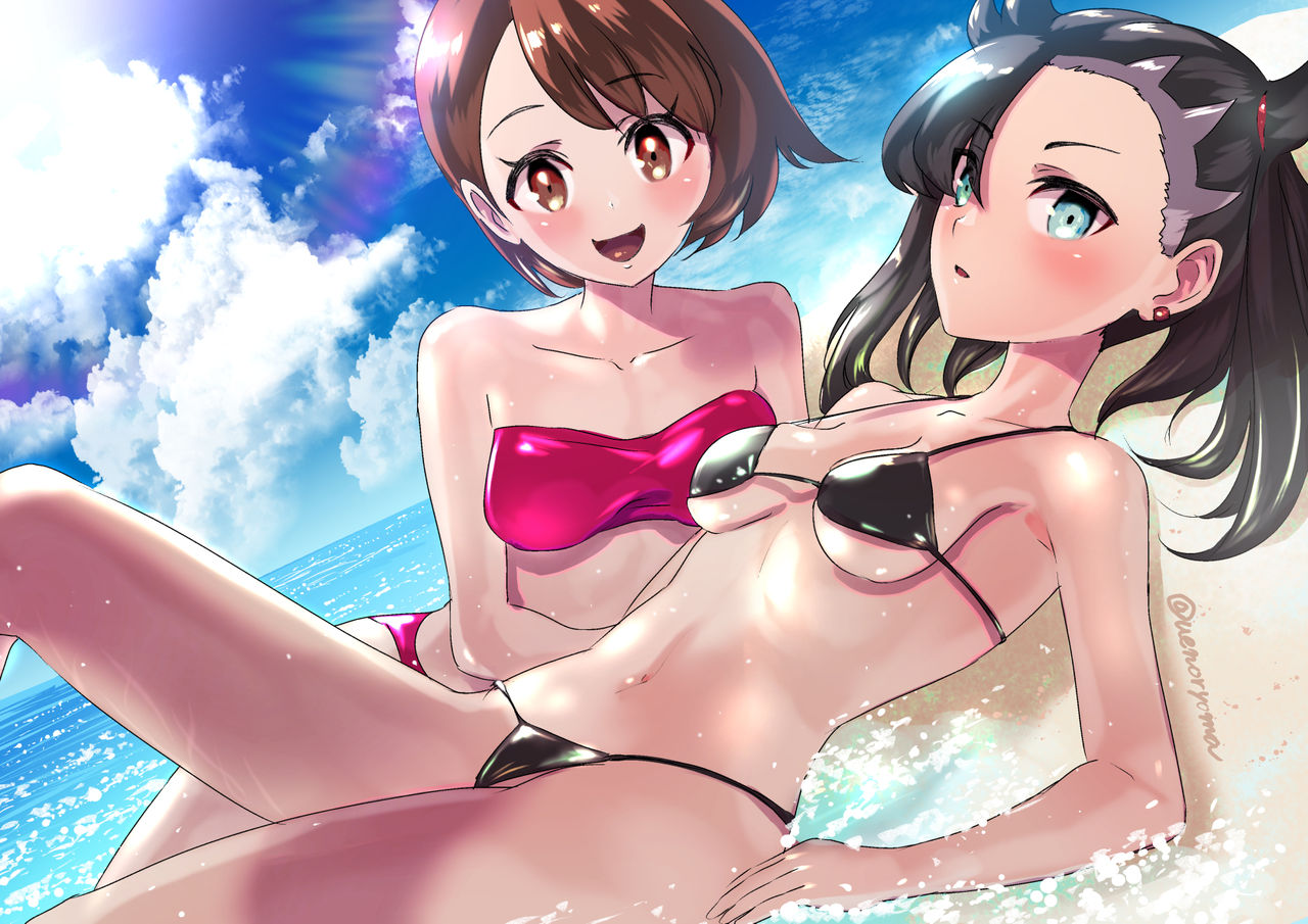 2girls, aqua eyes, beach, bikini, black bikini, black hair, black-haired female, brown eyes, brown hair, brown-haired female, female, game freak, gloria (pokemon), looking at viewer, lying, lying on back, marnie (pokemon), micro bikini, on bench, pink bikini, pokemon, pokemon ss, smile, uenoryoma, water