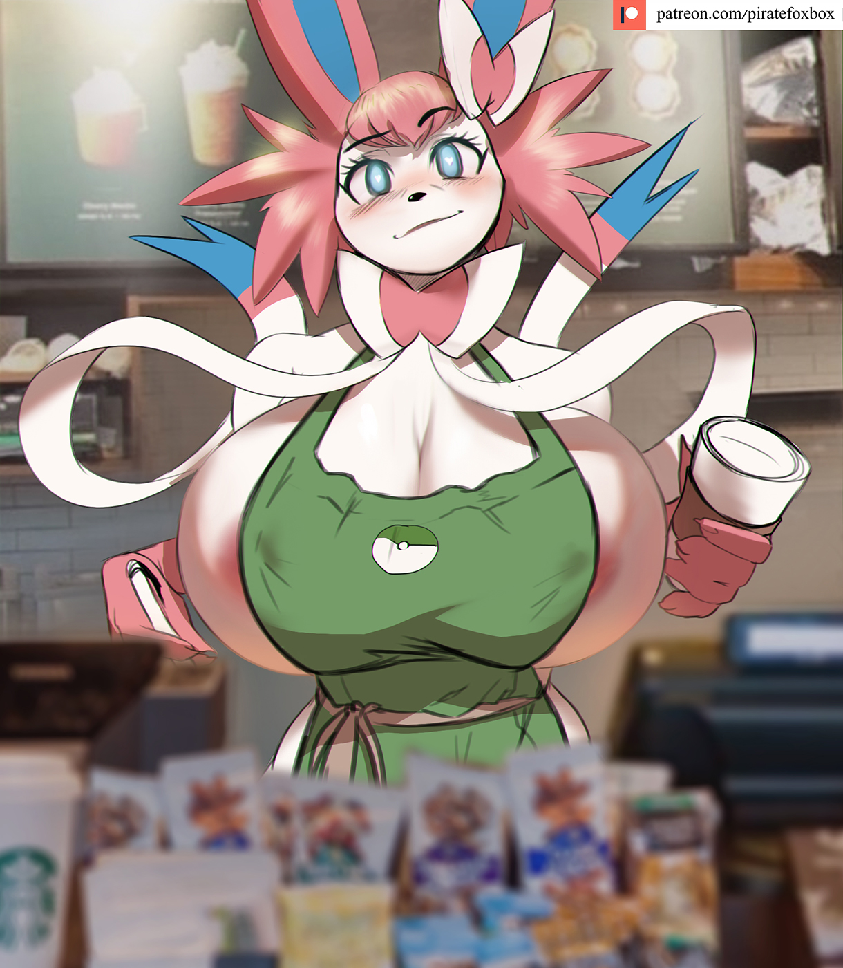 anthro, breasts, cleavage, female, huge breasts, iced latte with breast milk, large breasts, meme, piratefoxbox, pokémon (species), pokemon, pokemon (species), sex, starbucks, tail